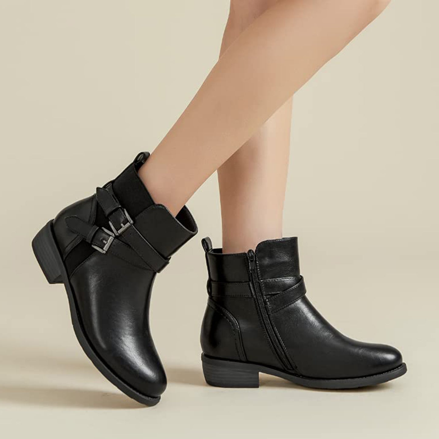 VJH confort Women's Ankle Boots,Round Toe Low Heel Comfort Elastic Booties with Side Zipper Buckle Strap