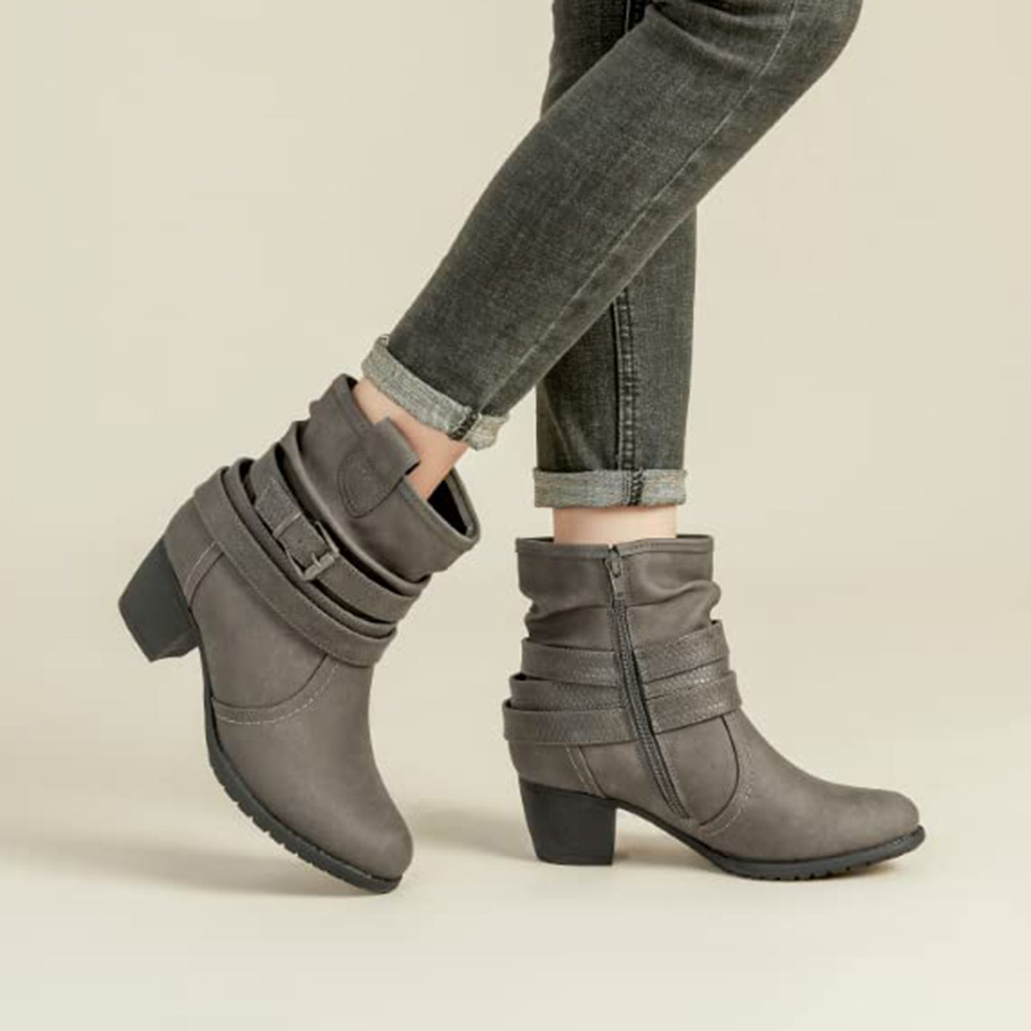 VJH confort Women's Mid Calf Boots,Round Toe Comfort Low Heel Slouchy Dress Booties with Buckle Strap Side Zipper