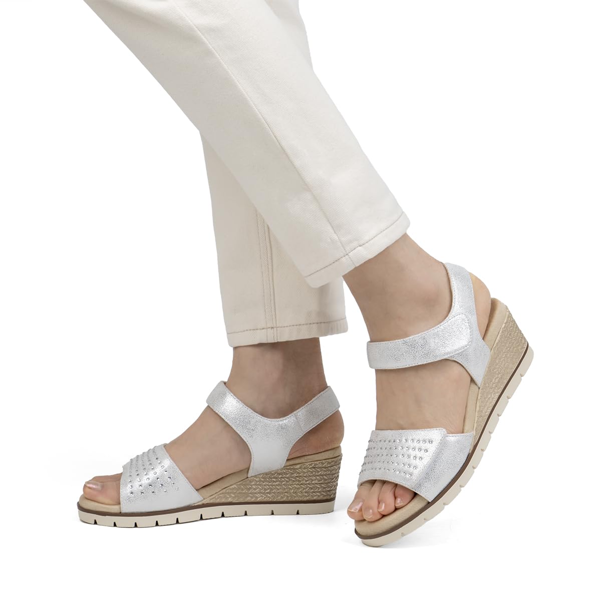 VJH confort Women's Wedge Sandals, Comfort Memory Foam Rhinestone Sandal with Adjustable straps