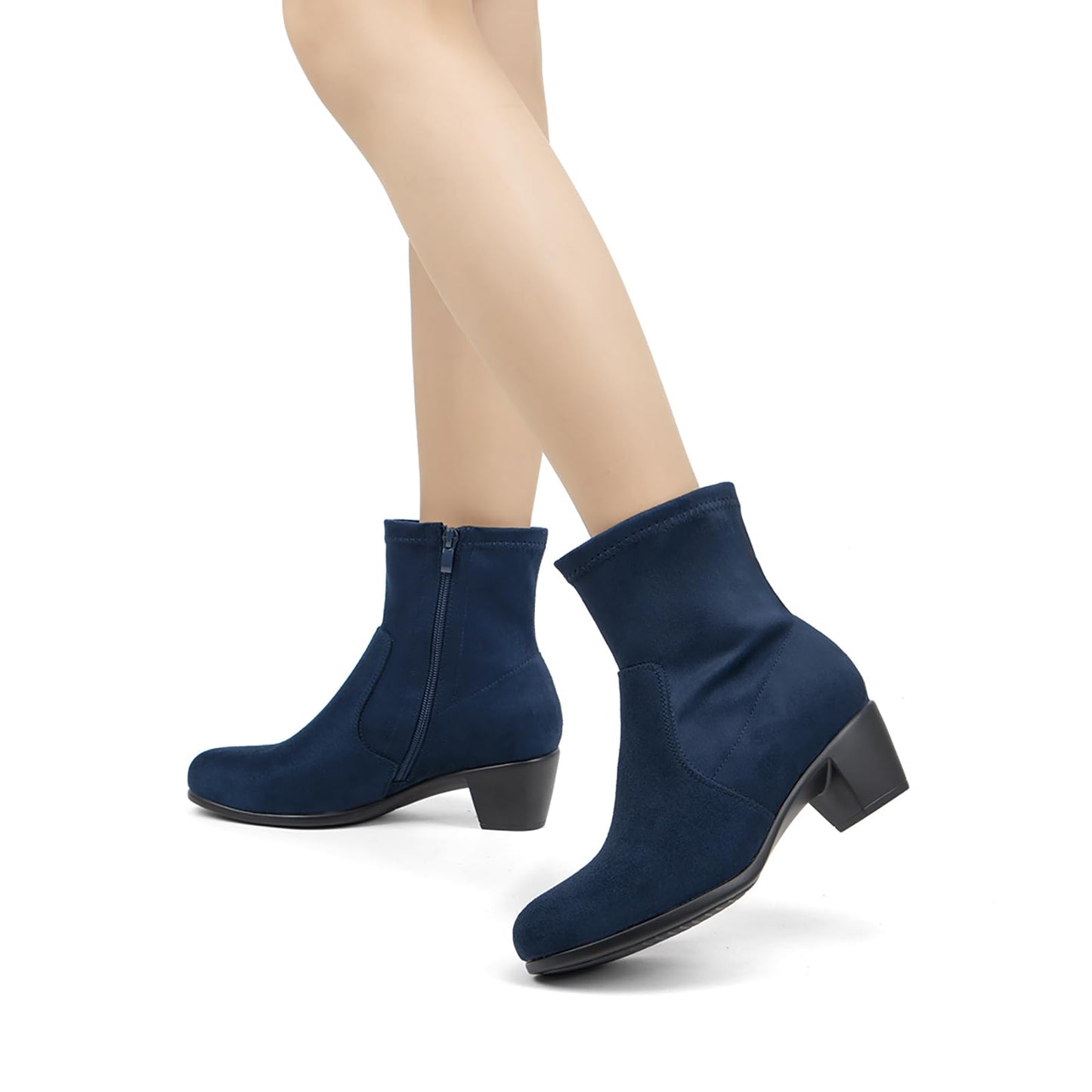 VJH confort Women's Stretch Ankle Boots Block Low Heel Almond Toe Comfy Dress Slip-on Booties with Zipper