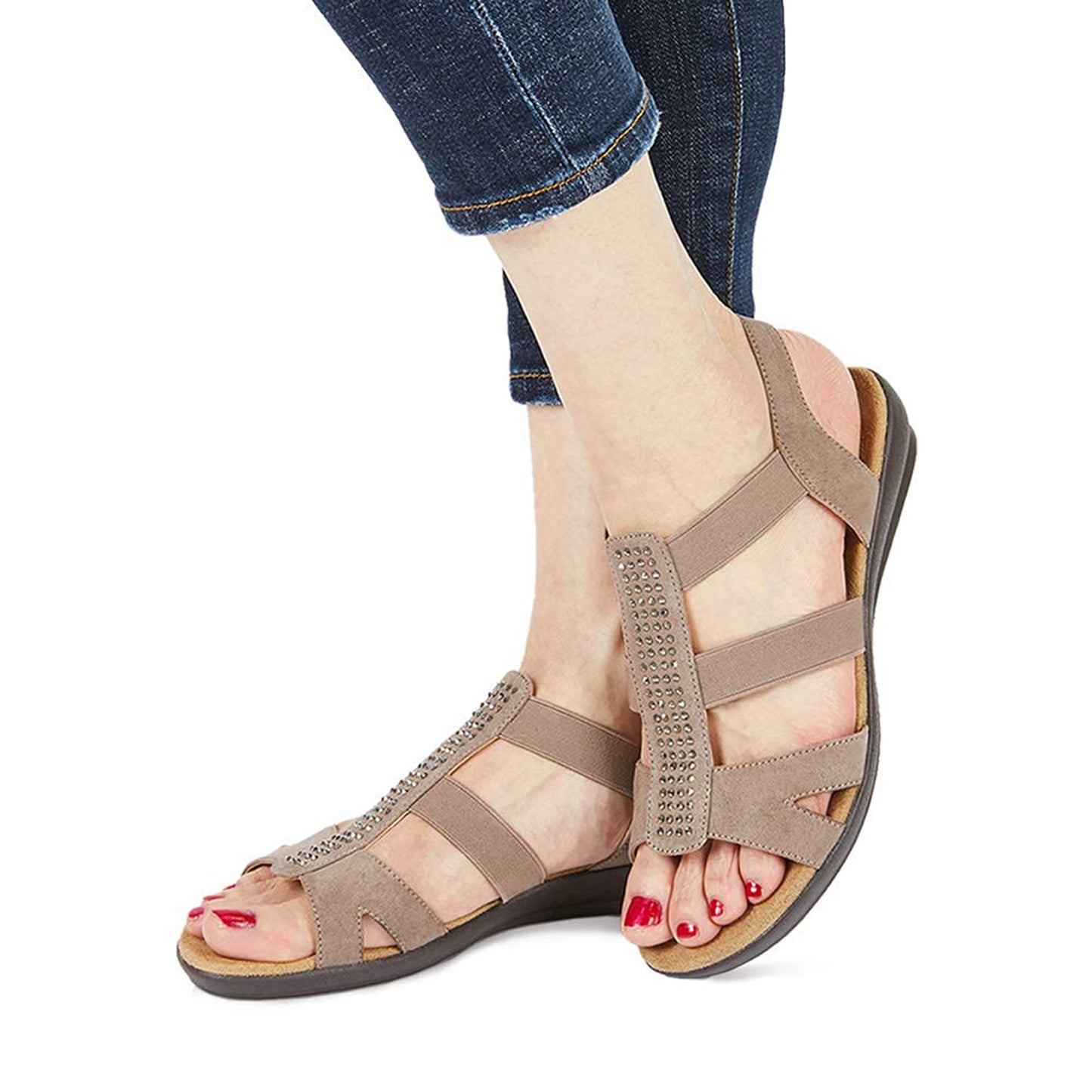 VJH confort Women's Comfort Flat Sandals Summer,with Rhinestone Open Toe Elastic Slip On Slingback Casual Walking Low Heele Sandals