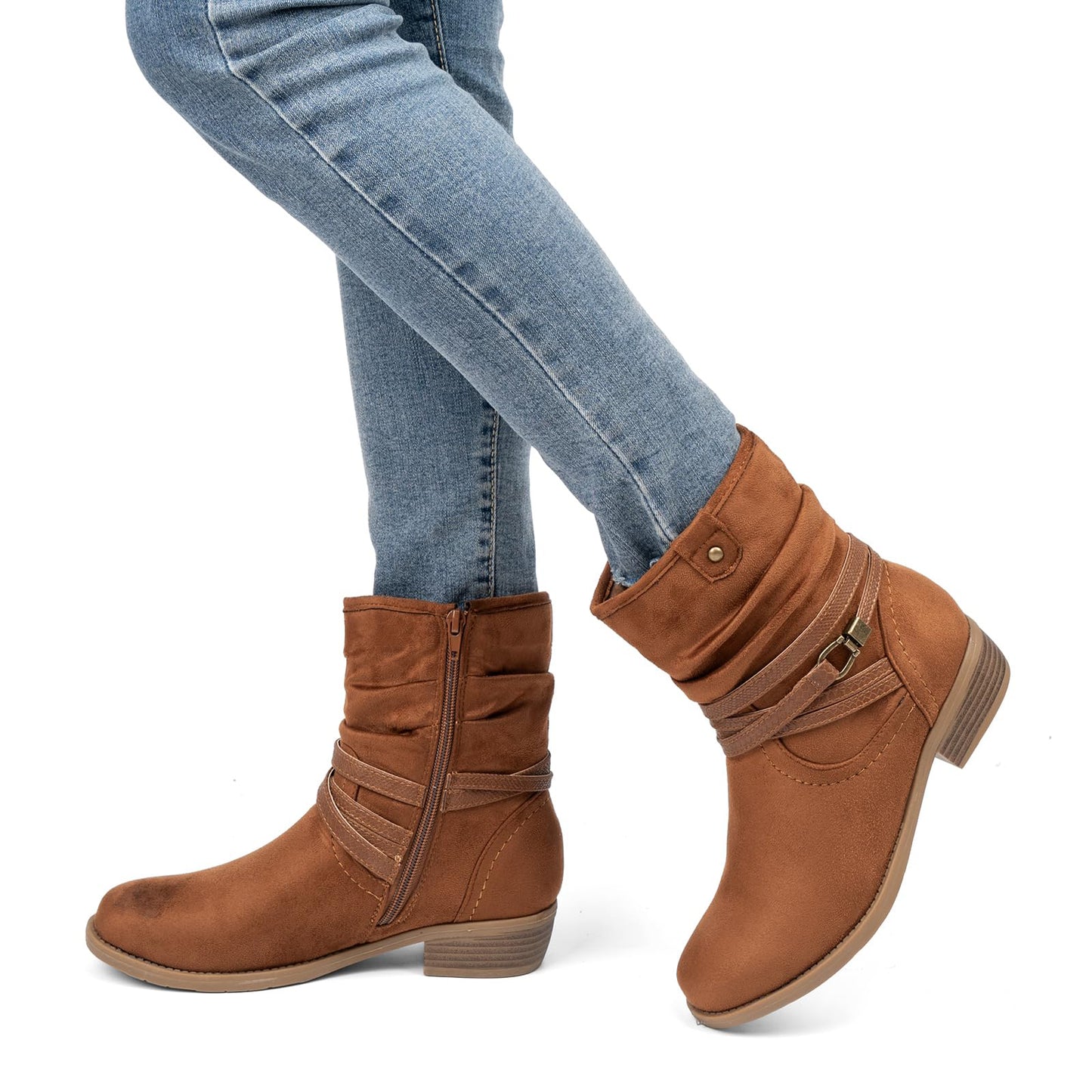 VJH confort Women's Mid Calf Boot,Round Toe Low Heel Comfort Slouchy Bootie with Side Zipper Buckle Strap