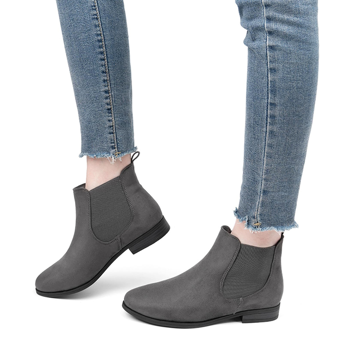 VJH confort Women's Slip on Ankle Boot, Western Almond Round Toe Low Heel Elastic Chelsea Bootie