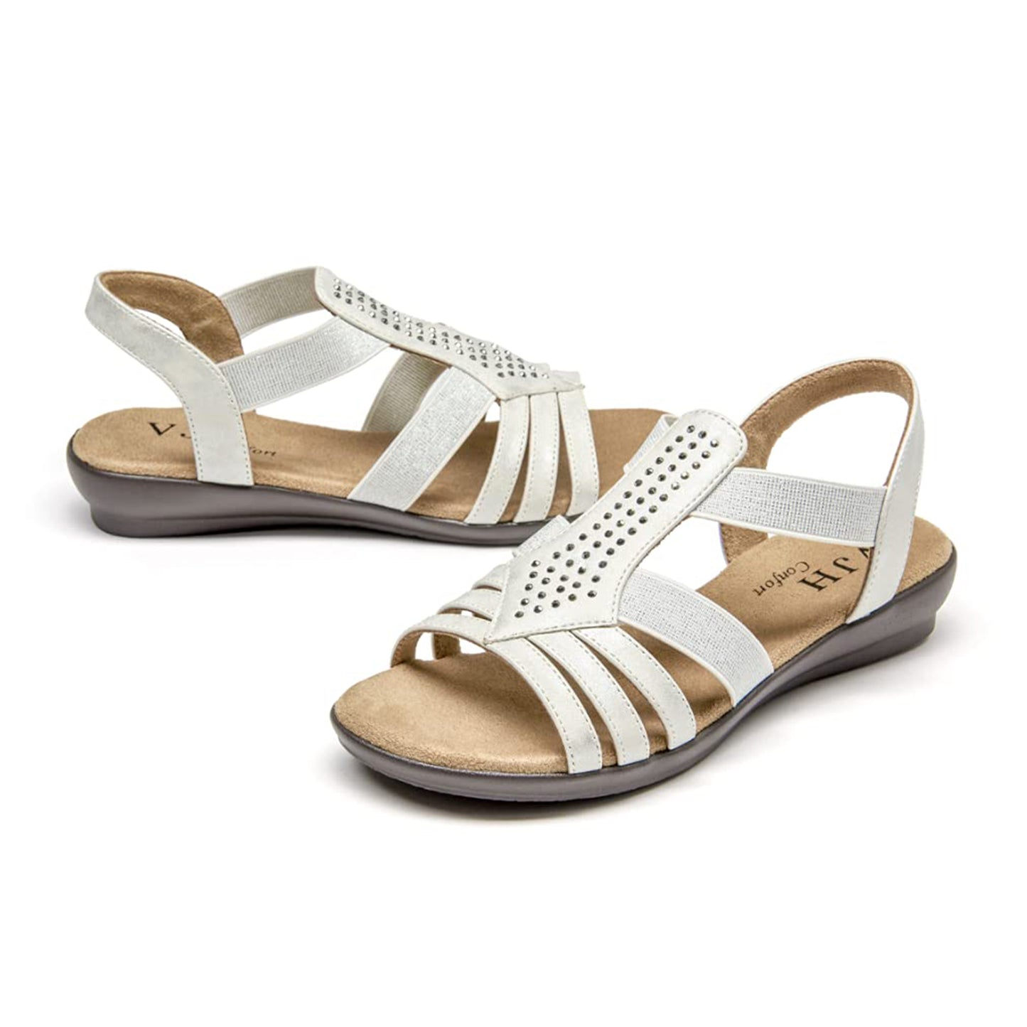 VJH confort Women's Flat Sandals, Comfort Elastic Slip-on Light Weight Slingback Casual Walking Sandals with Rhinestone