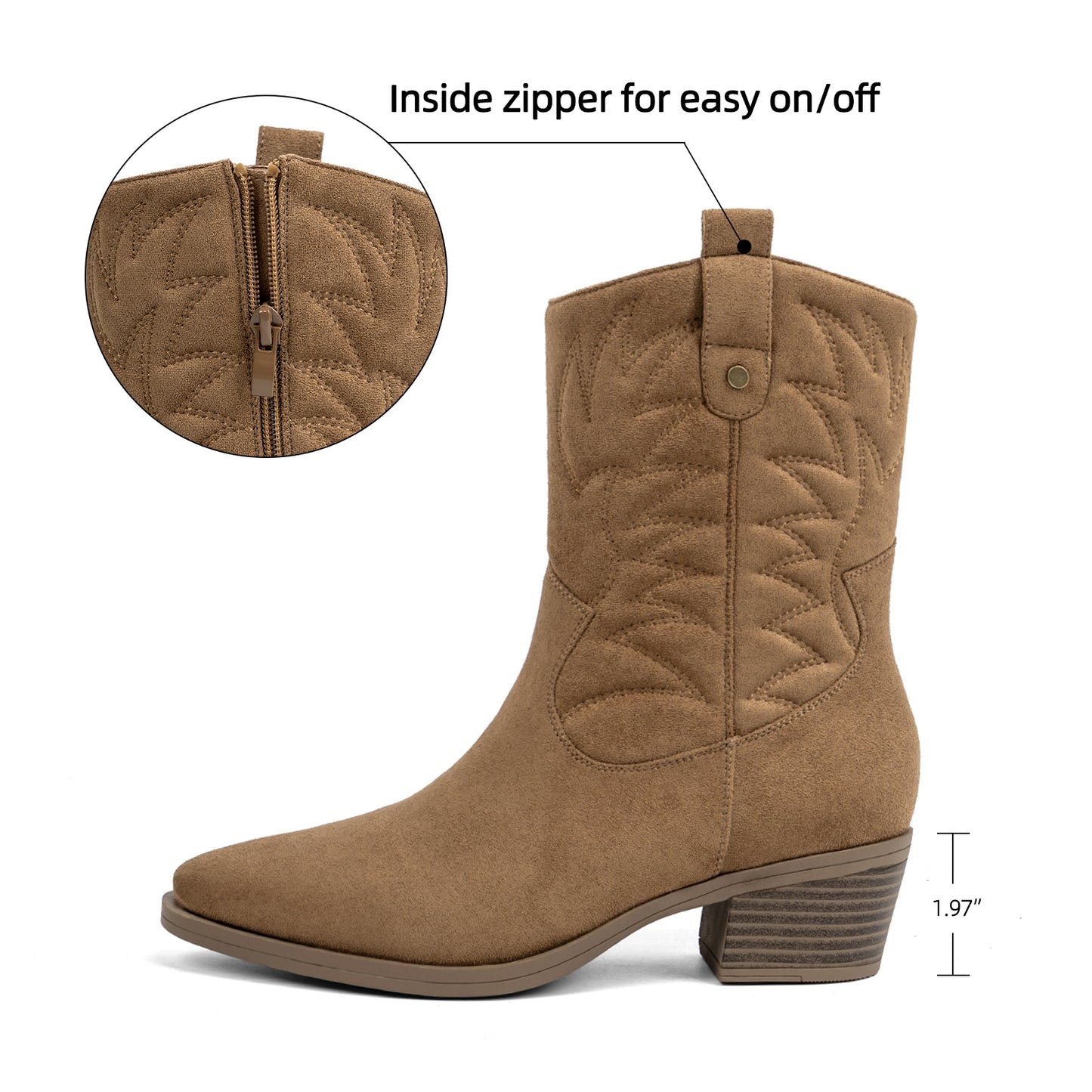 VJH confort Women's Cowboy Boots Mid Calf Cowgirl with Embroidery Pointed Toe Low Block Heel Comfortable Chic Western Booties