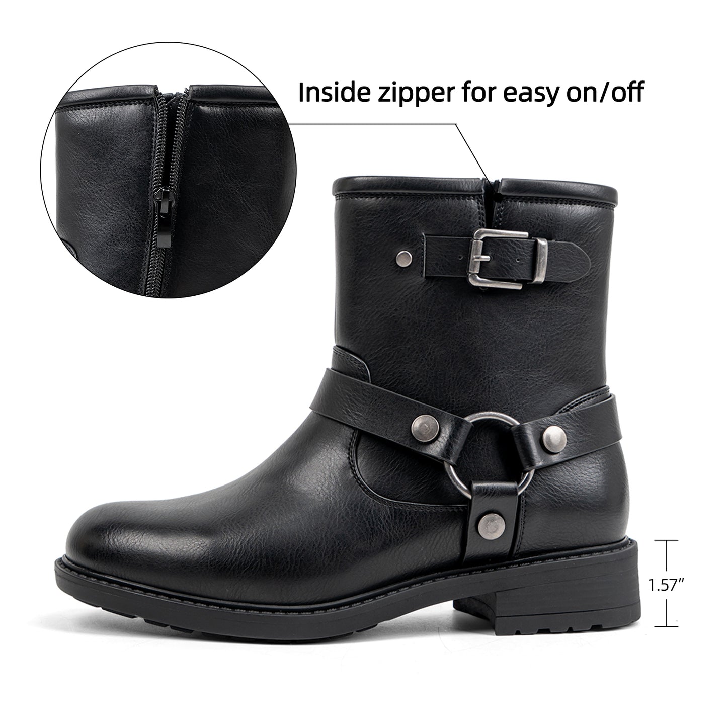 VJH confort Women's Ankle Boots Comfortable Low Chunky Heel Round Toe Buckle Fashion Booties with Zipper