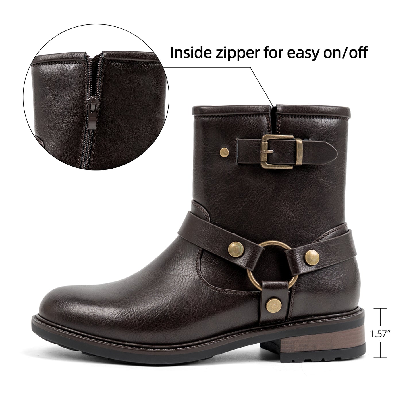 VJH confort Women's Ankle Boots Comfortable Low Chunky Heel Round Toe Buckle Fashion Booties with Zipper