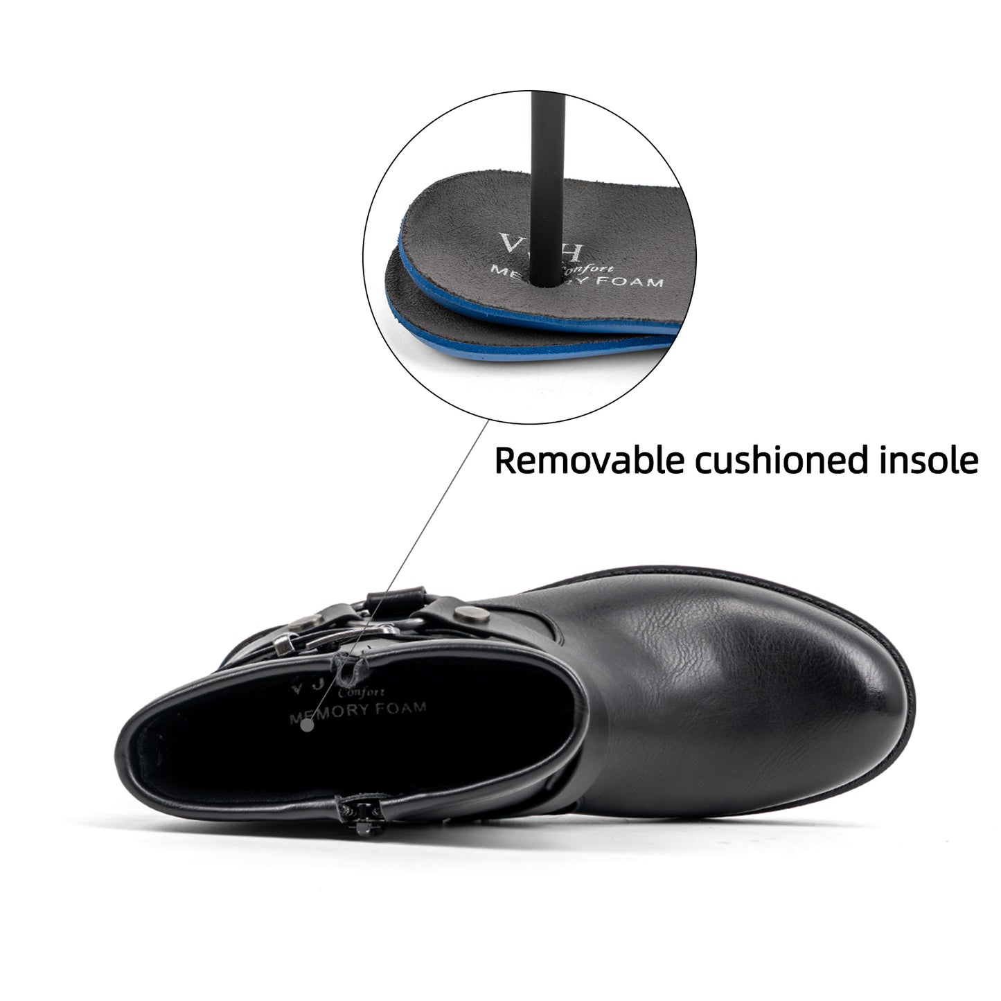 VJH confort Women's Ankle Boots Comfortable Low Chunky Heel Round Toe Buckle Fashion Booties with Zipper