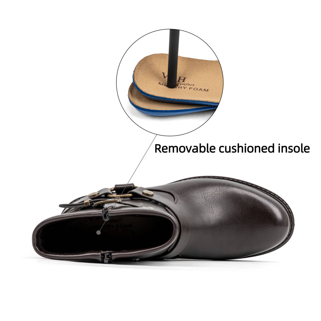 VJH confort Women's Ankle Boots Comfortable Low Chunky Heel Round Toe Buckle Fashion Booties with Zipper