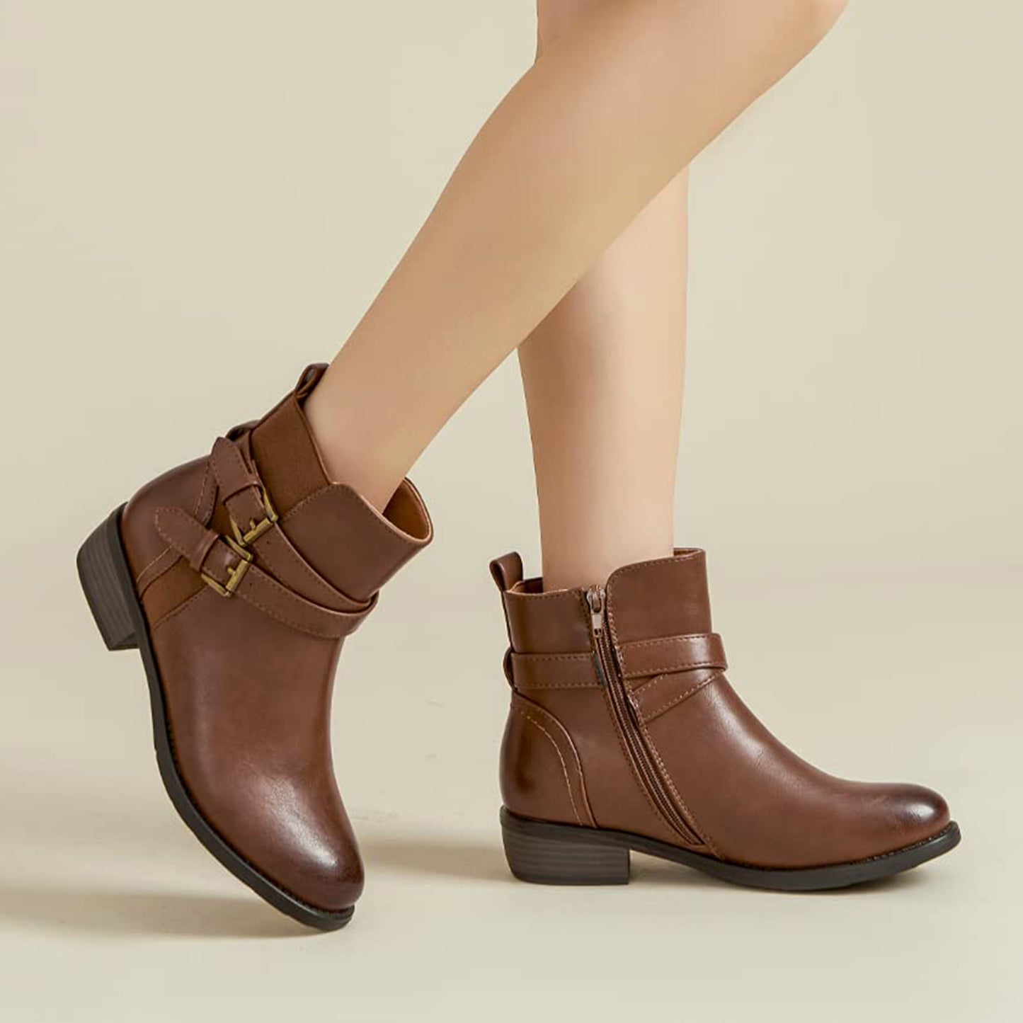 VJH confort Women's Ankle Boots,Round Toe Low Heel Comfort Elastic Booties with Side Zipper Buckle Strap