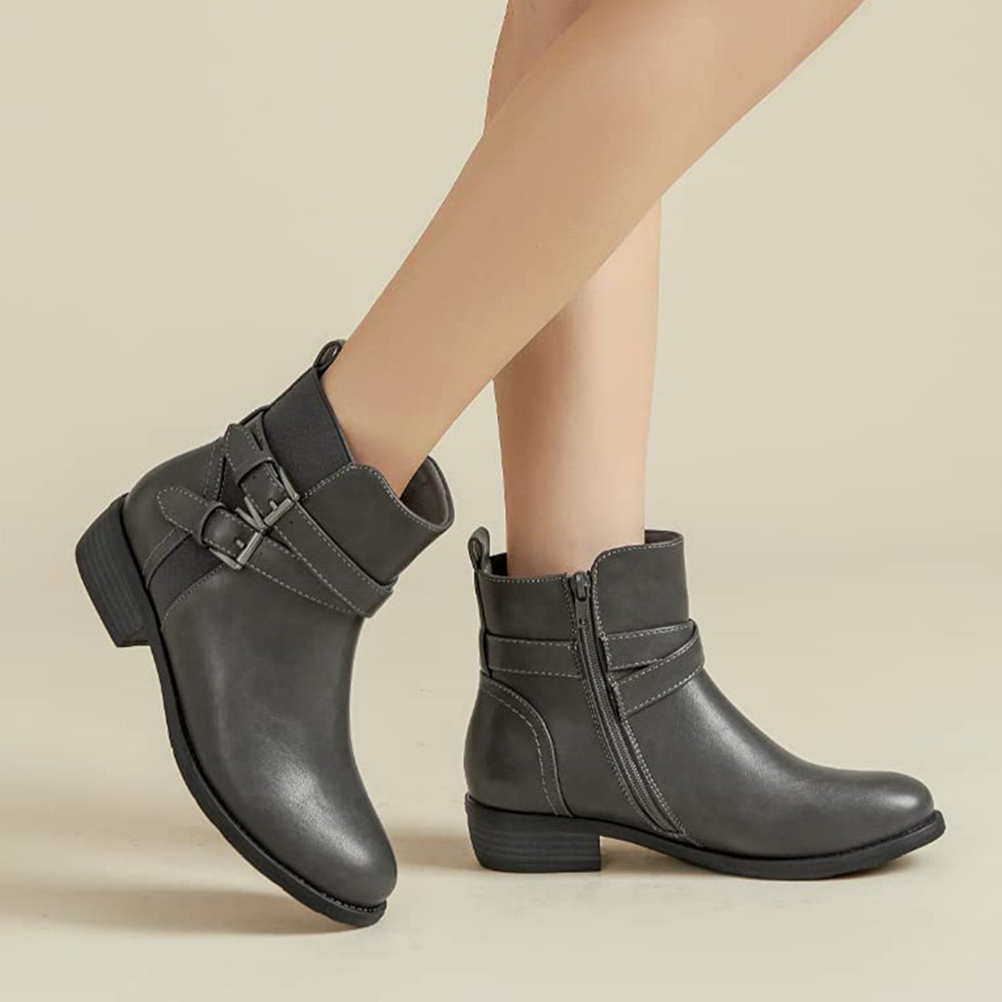 VJH confort Women's Ankle Boots,Round Toe Low Heel Comfort Elastic Booties with Side Zipper Buckle Strap