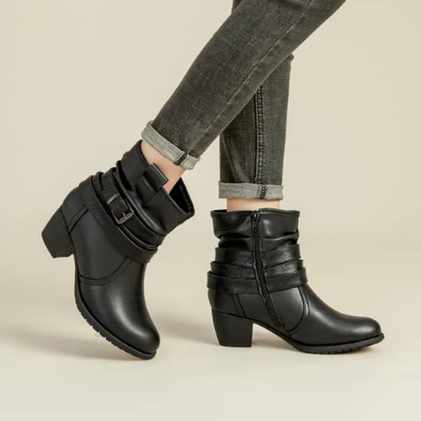 VJH confort Women's Mid Calf Boots,Round Toe Comfort Low Heel Slouchy Dress Booties with Buckle Strap Side Zipper