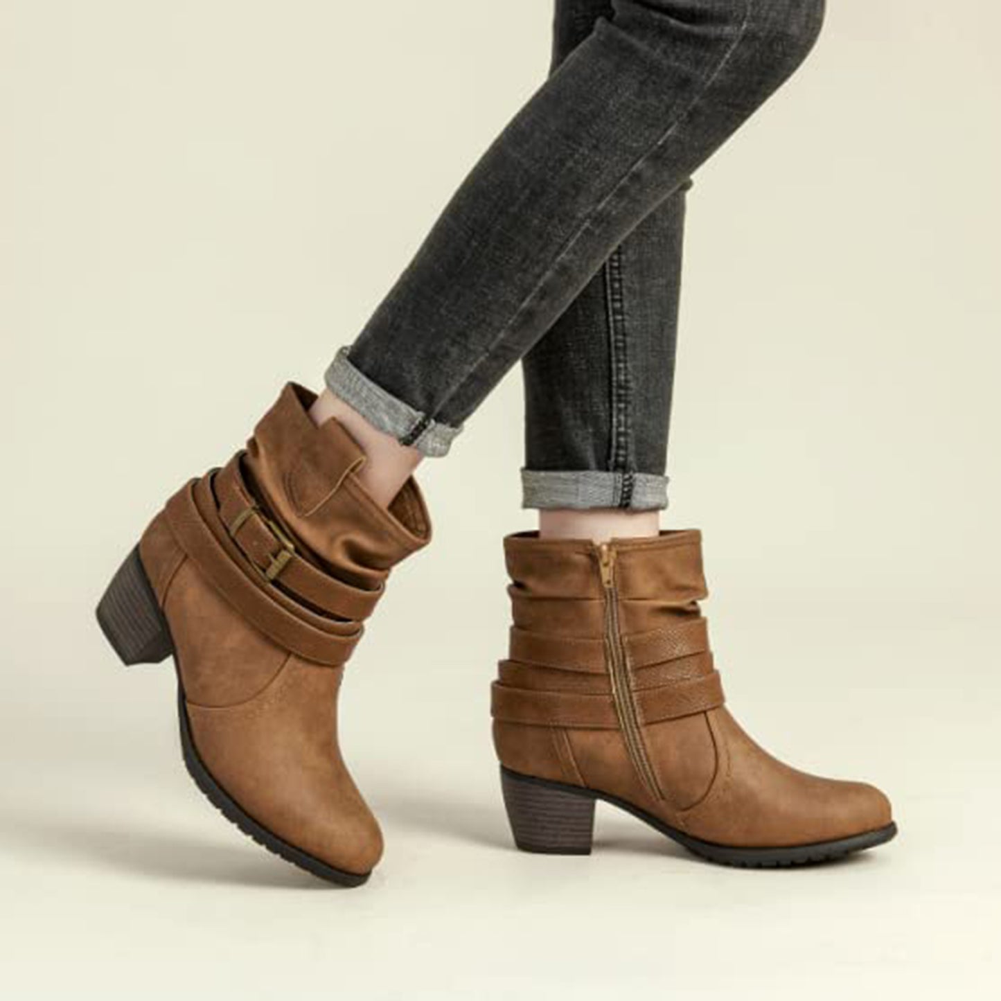 VJH confort Women's Mid Calf Boots,Round Toe Comfort Low Heel Slouchy Dress Booties with Buckle Strap Side Zipper