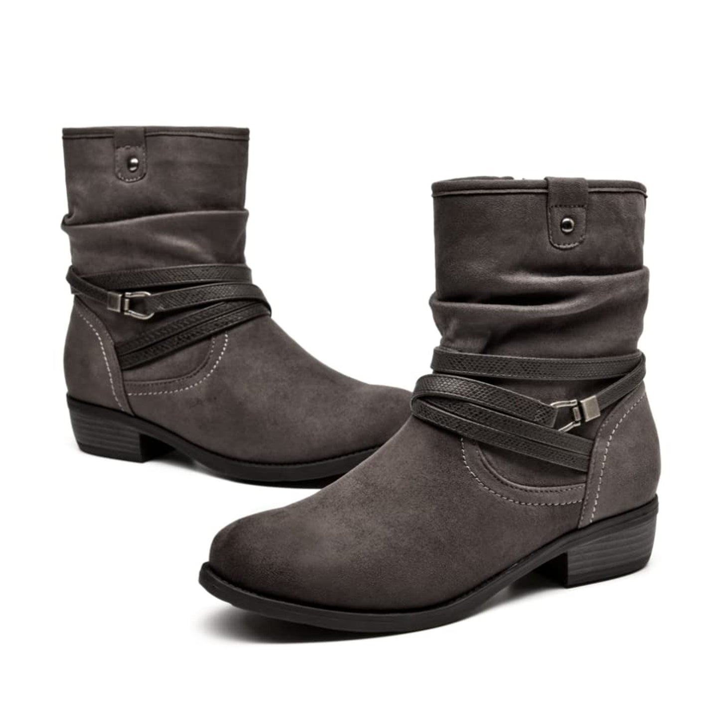 VJH confort Women's Mid Calf Boot,Round Toe Low Heel Comfort Slouchy Bootie with Side Zipper Buckle Strap