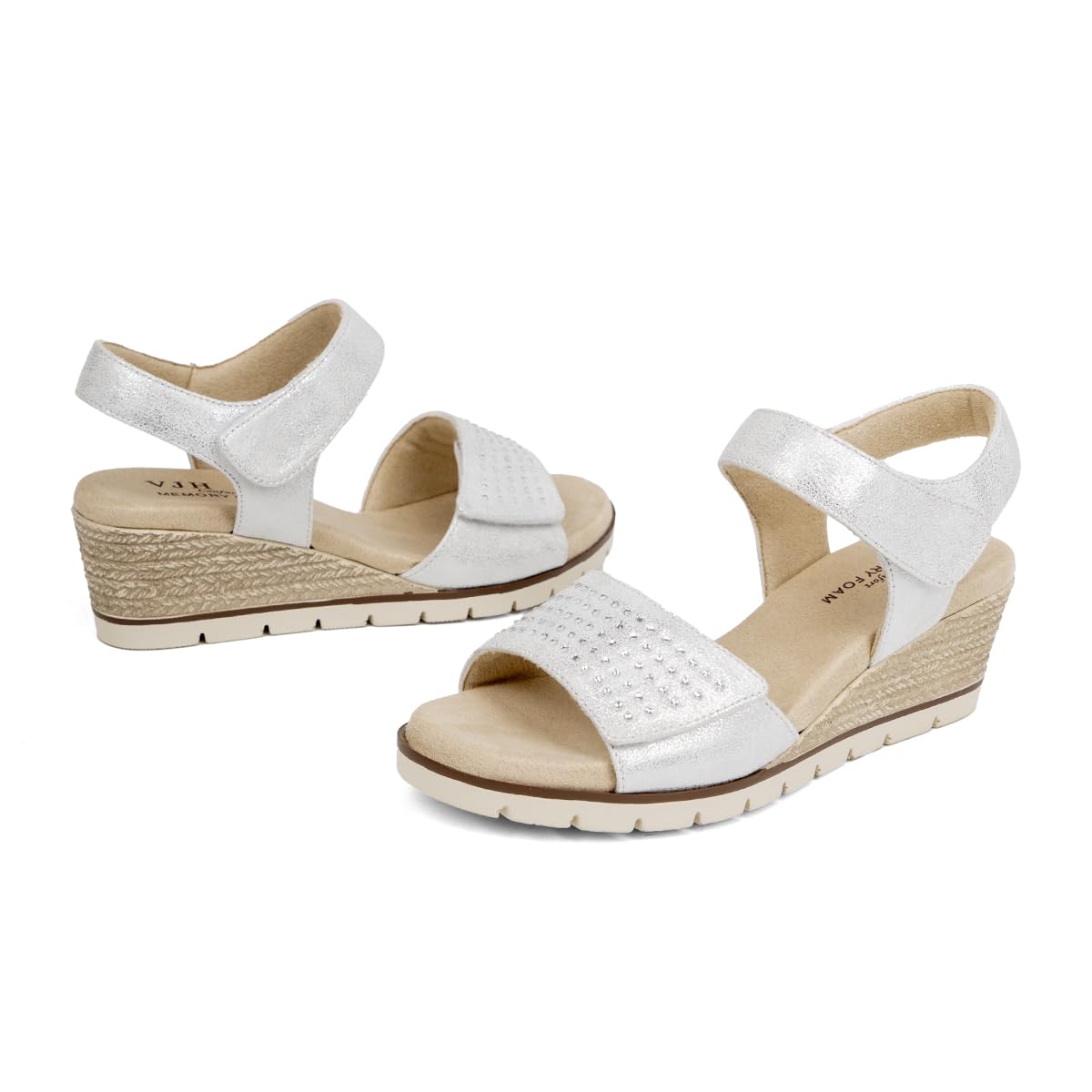 VJH confort Women's Wedge Sandals, Comfort Memory Foam Rhinestone Sandal with Adjustable straps