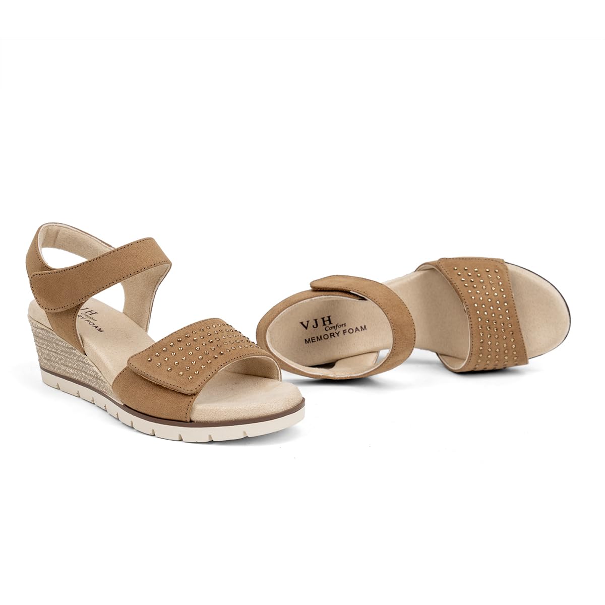 VJH confort Women's Wedge Sandals, Comfort Memory Foam Rhinestone Sandal with Adjustable straps