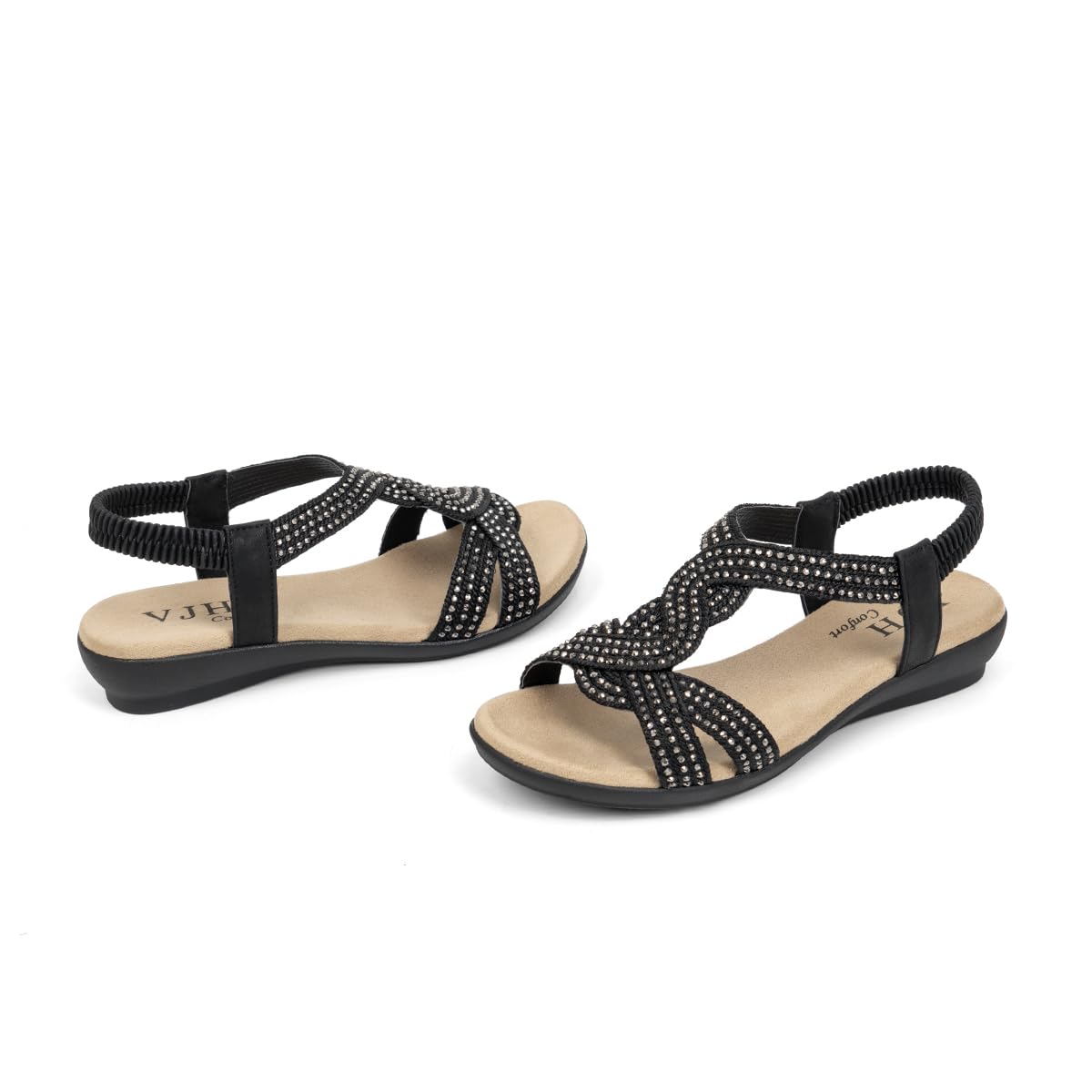VJH confort Women's Flat Sandals Rhinestone Stretchy Strap Low Wedge Comfy Dressy Walking Sandals