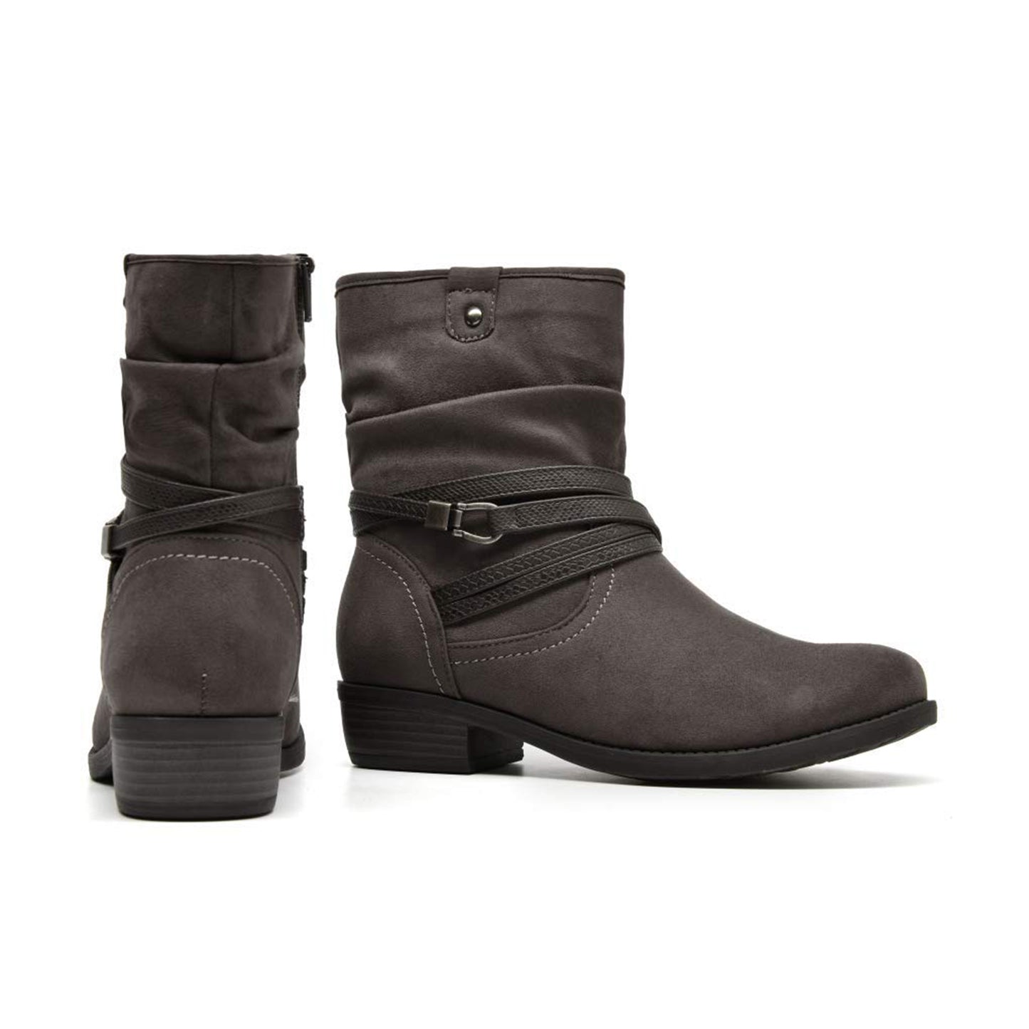 VJH confort Women's Mid Calf Boot,Round Toe Low Heel Comfort Slouchy Bootie with Side Zipper Buckle Strap