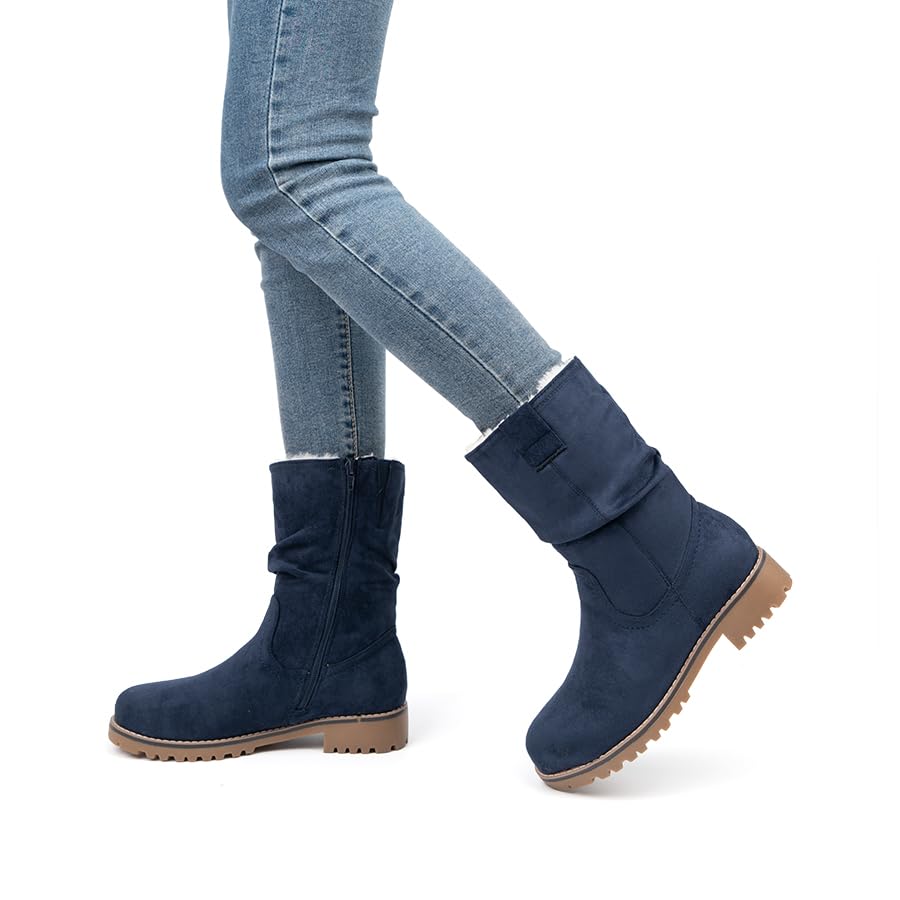 VJH confort Women's Mid Calf Boots Slouchy Riding Combat Low Heel Fur Lined Winter Zipper Booties