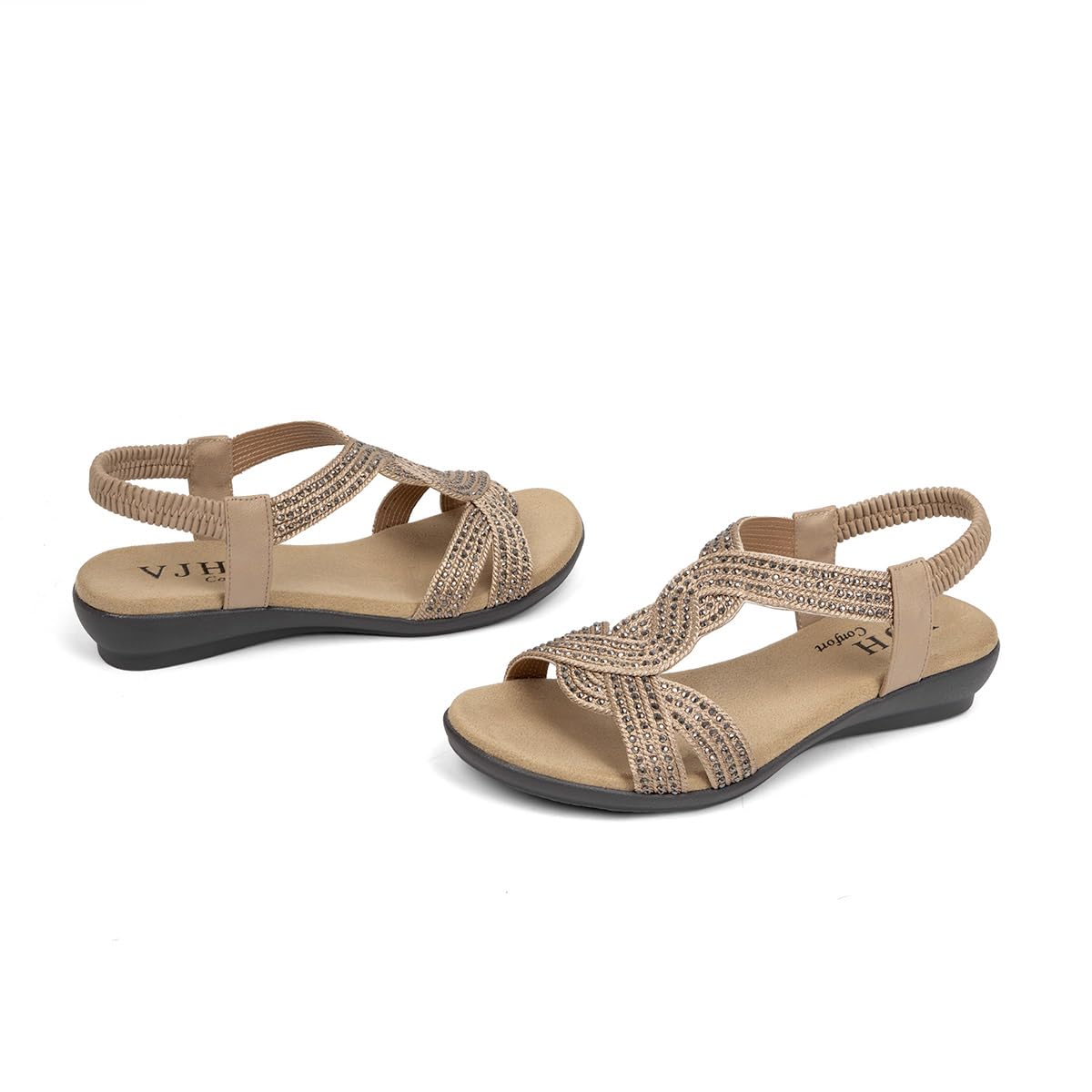 VJH confort Women's Flat Sandals Rhinestone Stretchy Strap Low Wedge Comfy Dressy Walking Sandals