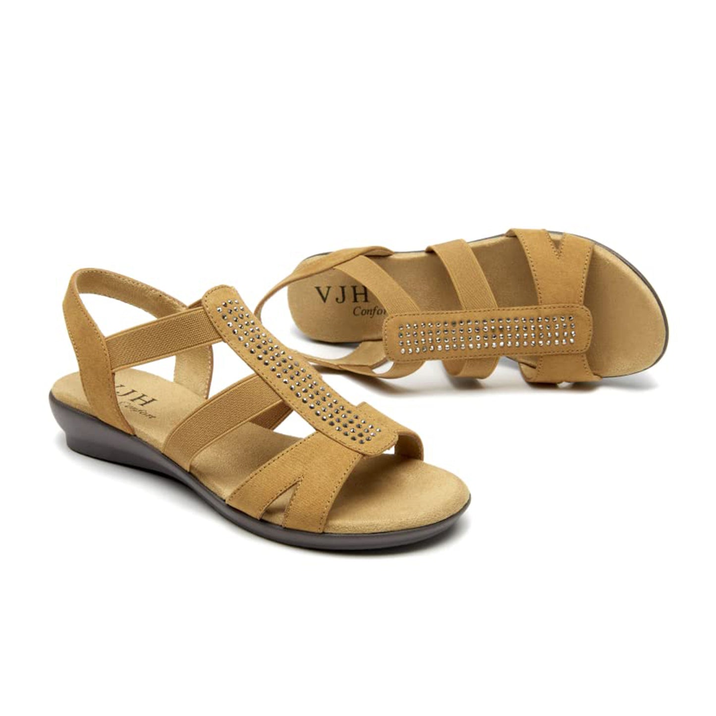 VJH confort Women's Comfort Flat Sandals Summer,with Rhinestone Open Toe Elastic Slip On Slingback Casual Walking Low Heele Sandals