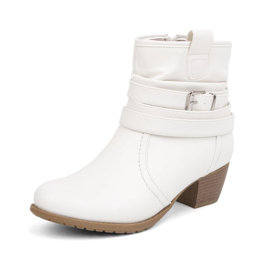 VJH confort Women's Mid Calf Boots,Round Toe Comfort Low Heel Slouchy Dress Booties with Buckle Strap Side Zipper