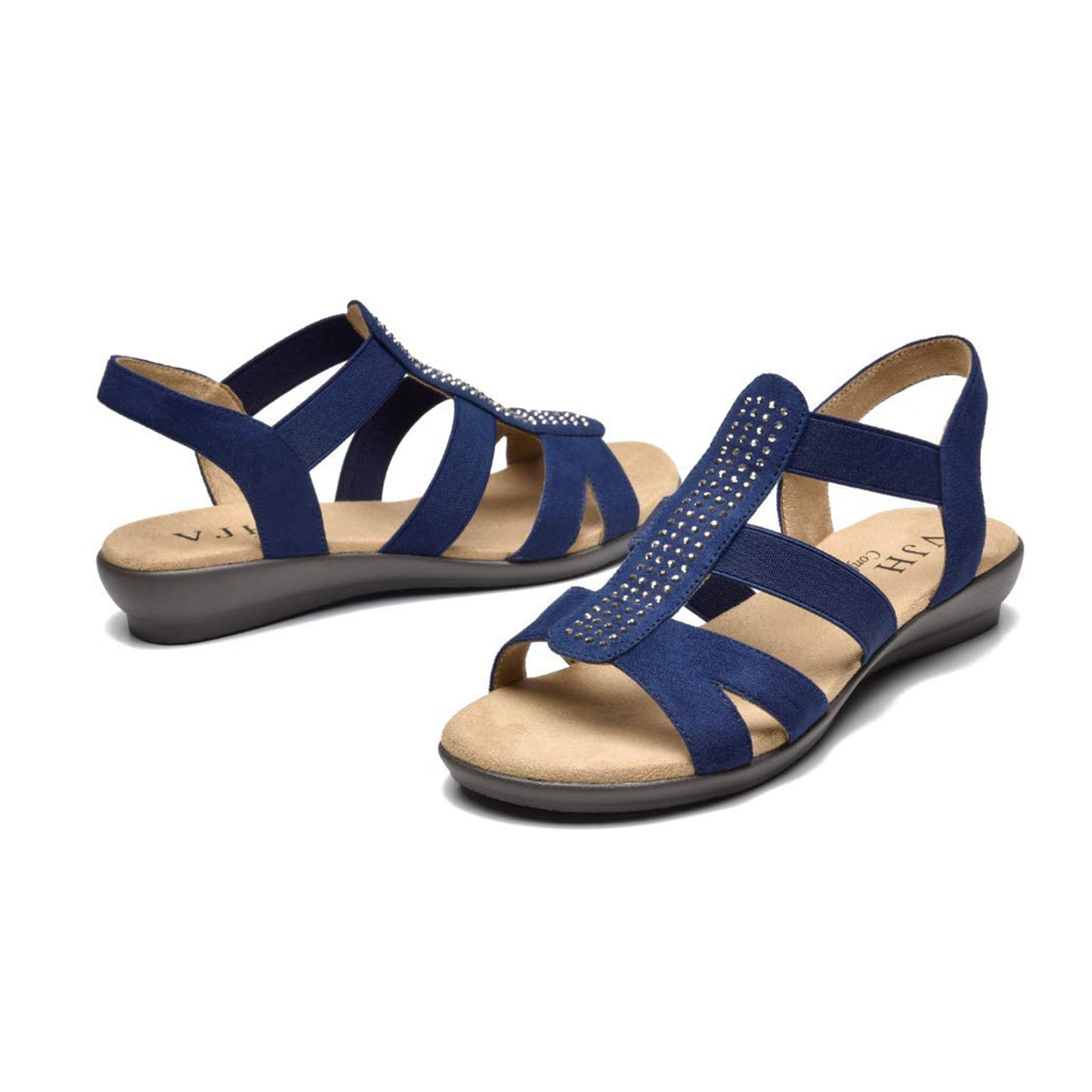 VJH confort Women's Comfort Flat Sandals Summer,with Rhinestone Open Toe Elastic Slip On Slingback Casual Walking Low Heele Sandals