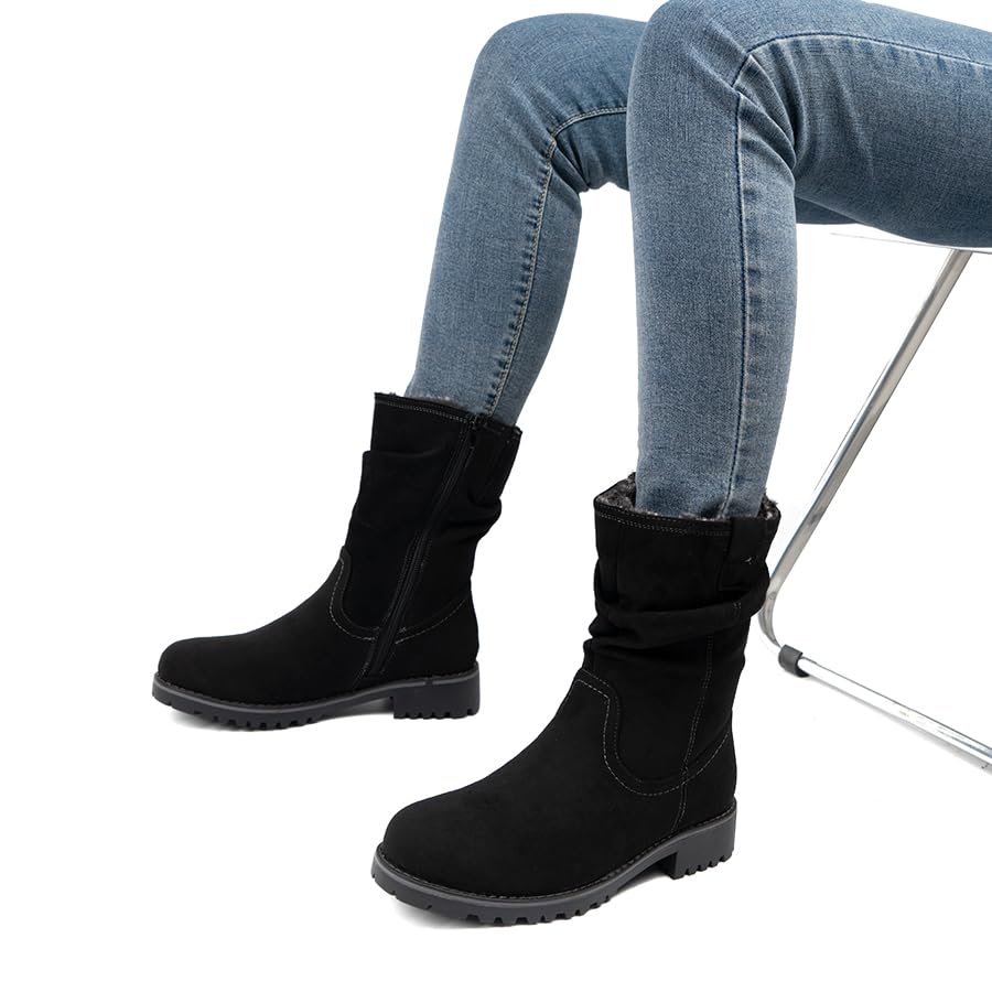 VJH confort Women's Mid Calf Boots Slouchy Riding Combat Low Heel Fur Lined Winter Zipper Booties