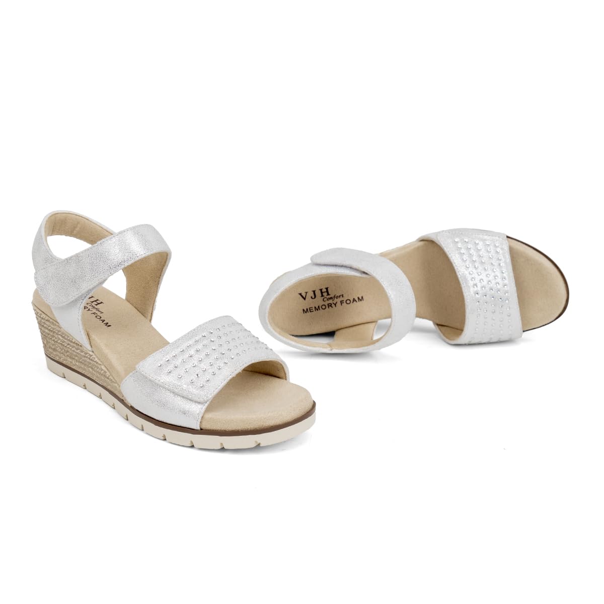 VJH confort Women's Wedge Sandals, Comfort Memory Foam Rhinestone Sandal with Adjustable straps