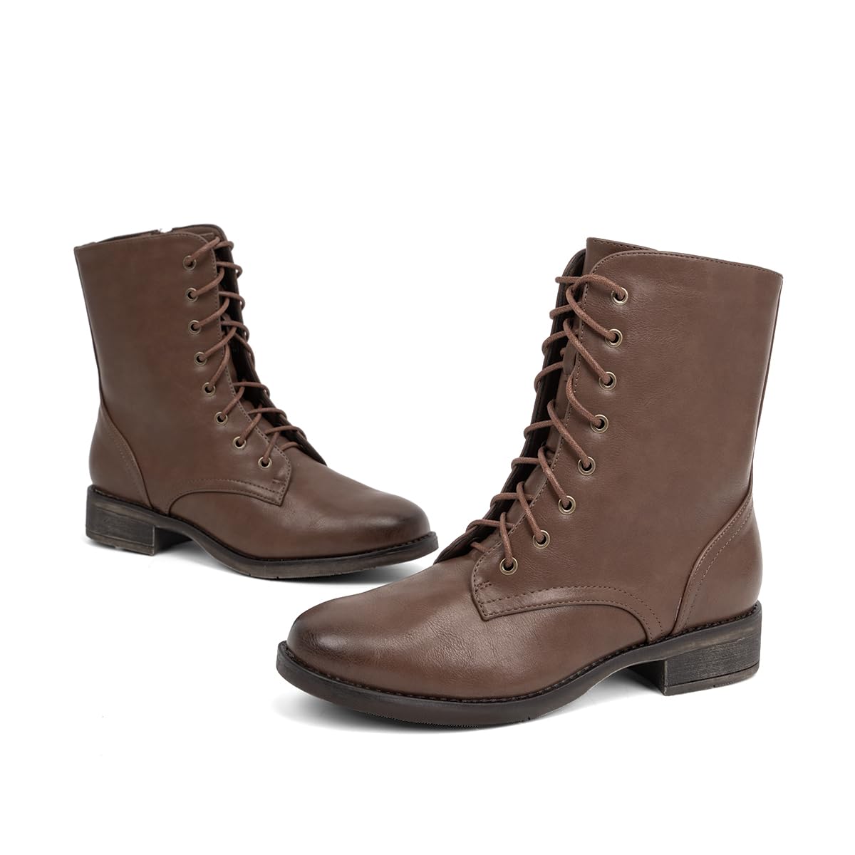 VJH confort Women's Mid Calf Boots Lace-up Military Combat Low Heel Booties with Zipper