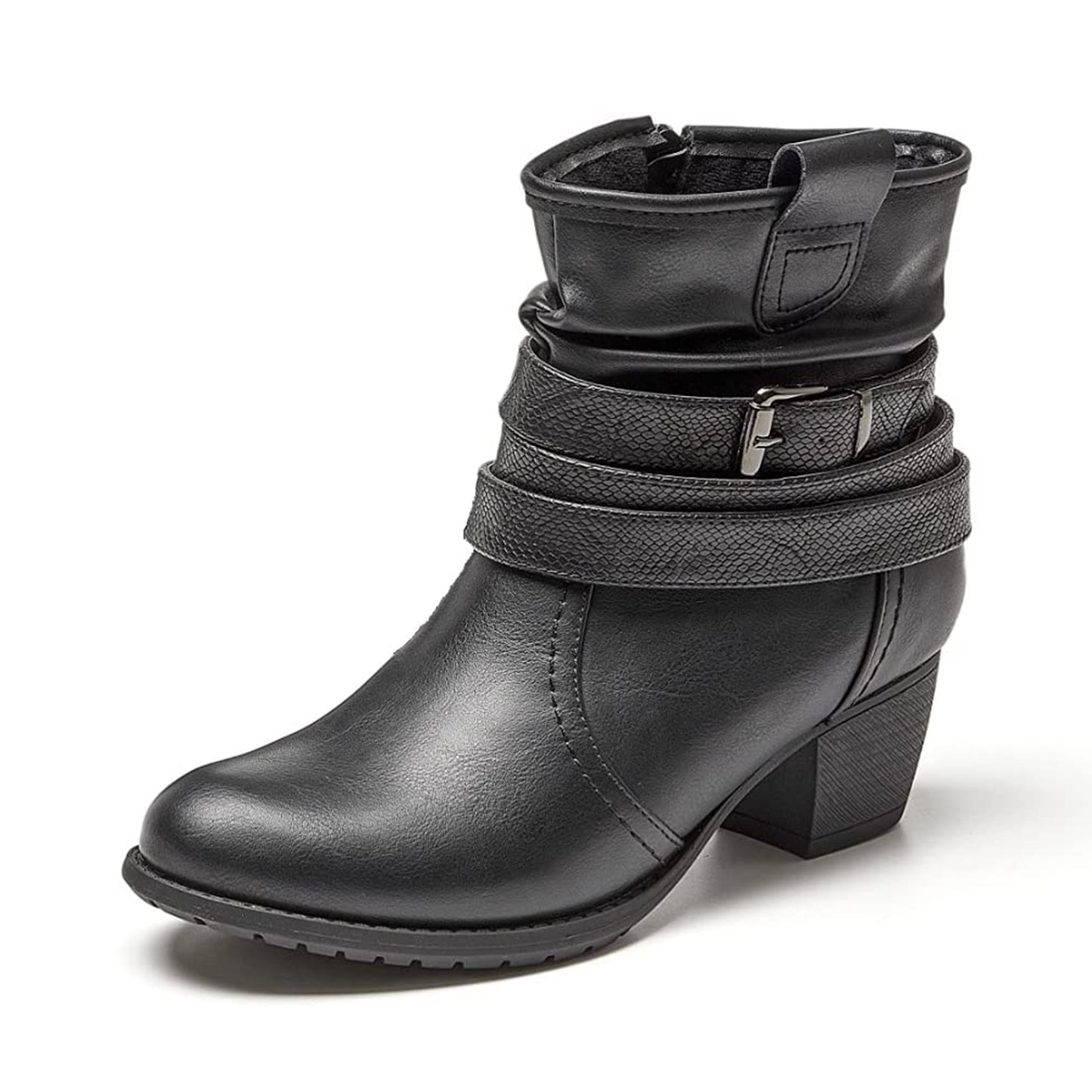 VJH confort Women's Mid Calf Boots,Round Toe Comfort Low Heel Slouchy Dress Booties with Buckle Strap Side Zipper