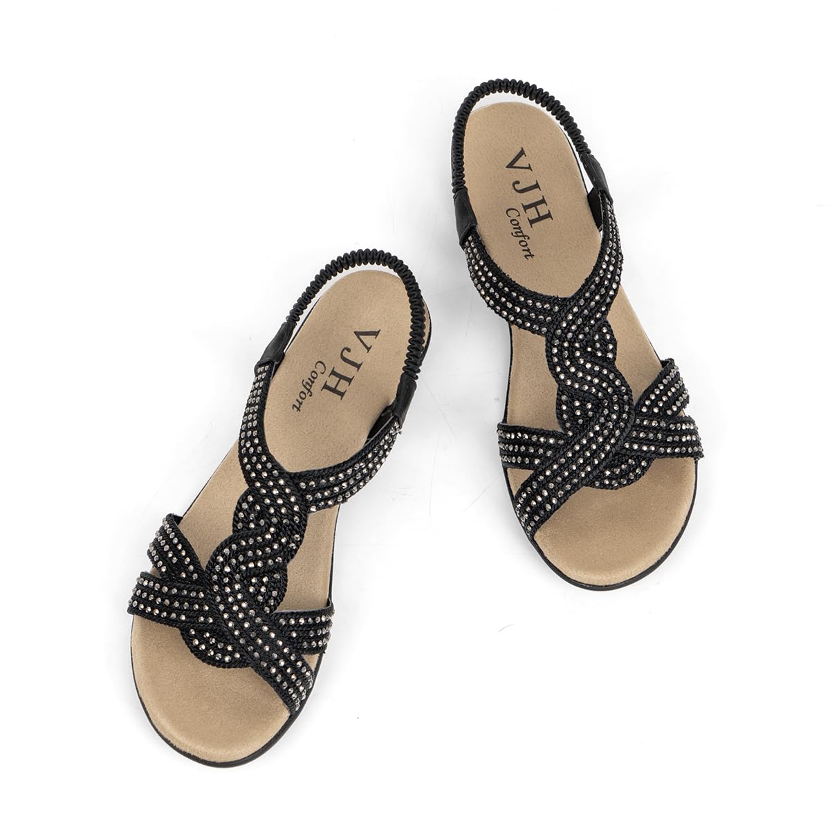 VJH confort Women's Flat Sandals Rhinestone Stretchy Strap Low Wedge Comfy Dressy Walking Sandals