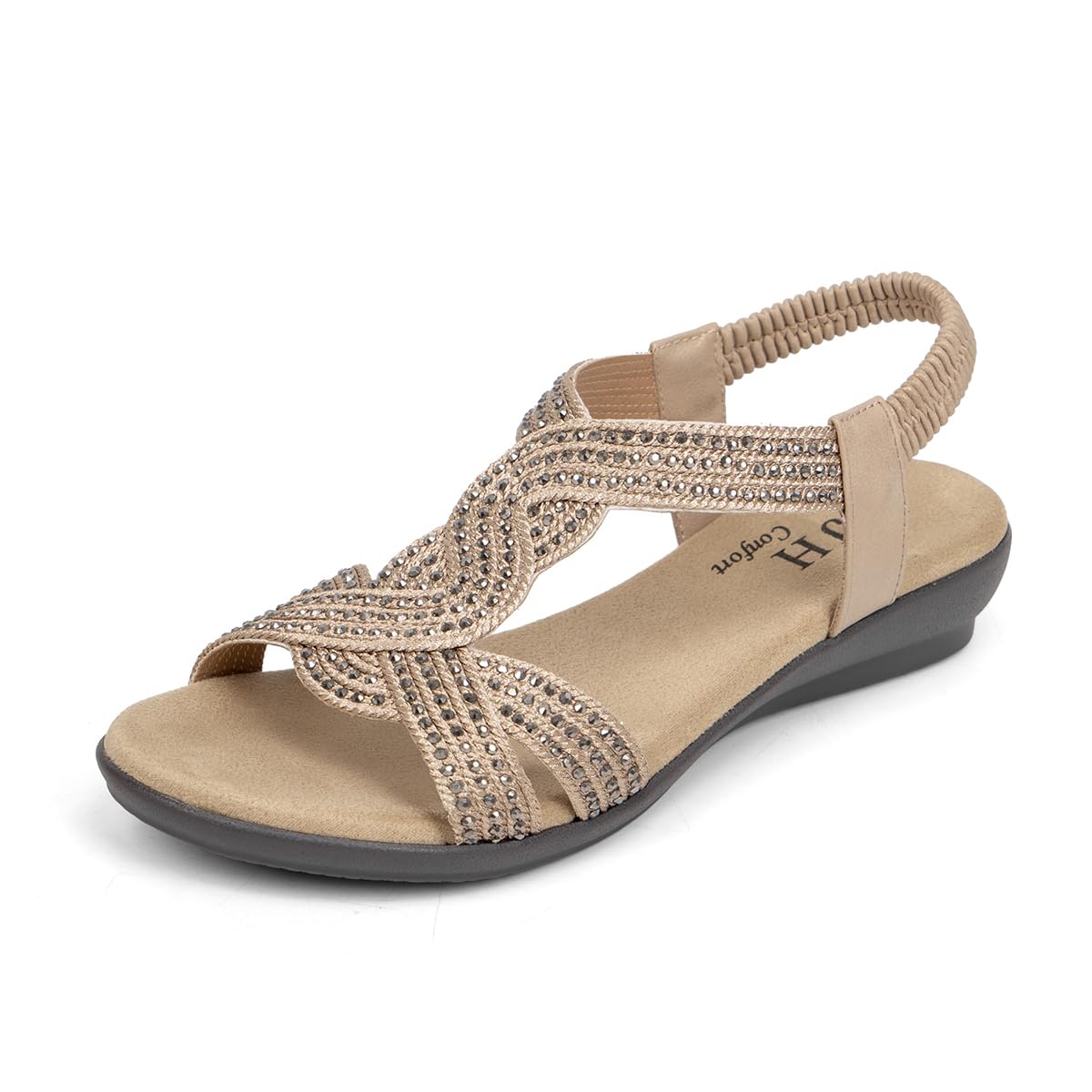 VJH confort Women's Flat Sandals Rhinestone Stretchy Strap Low Wedge Comfy Dressy Walking Sandals