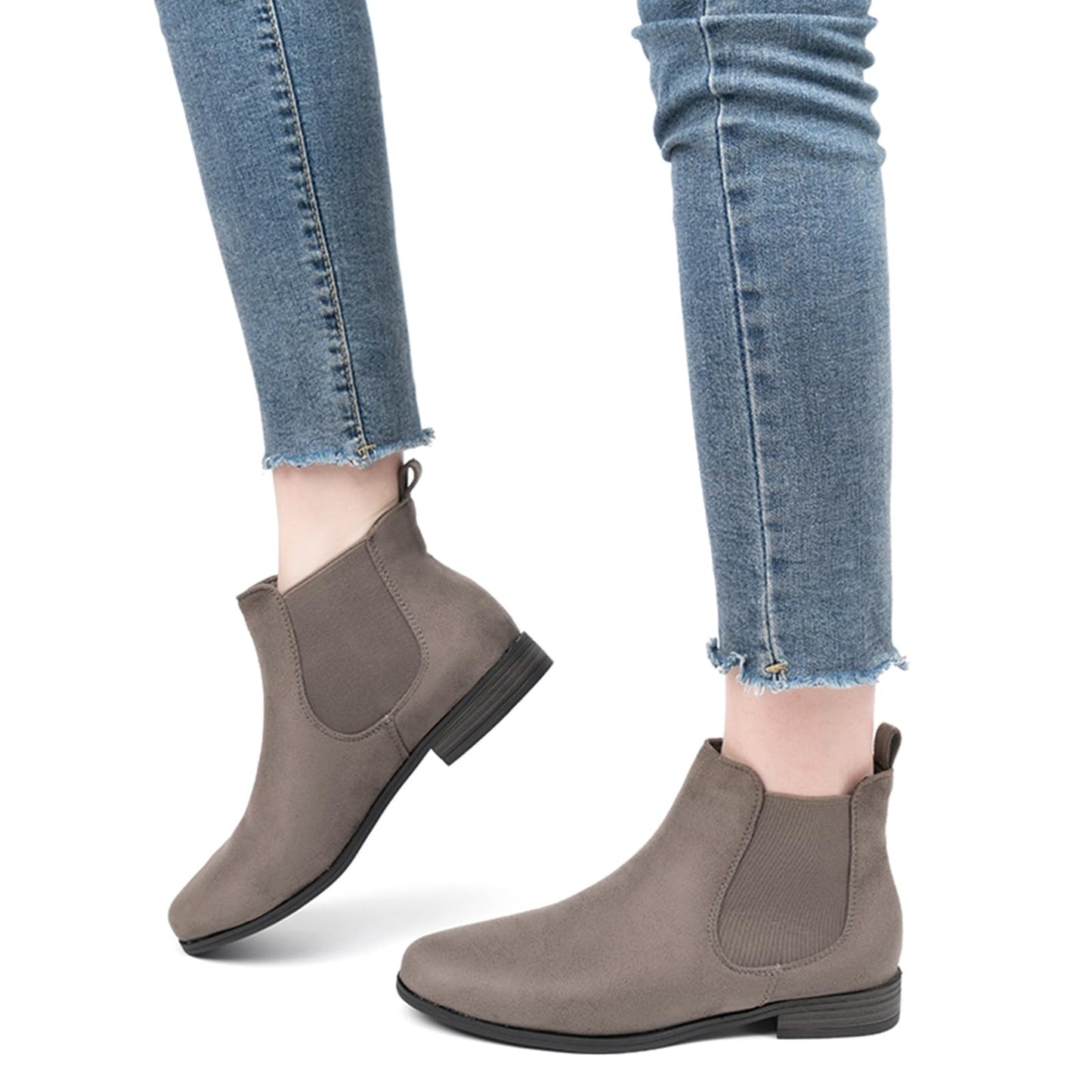 VJH confort Women's Slip on Ankle Boot, Western Almond Round Toe Low Heel Elastic Chelsea Bootie