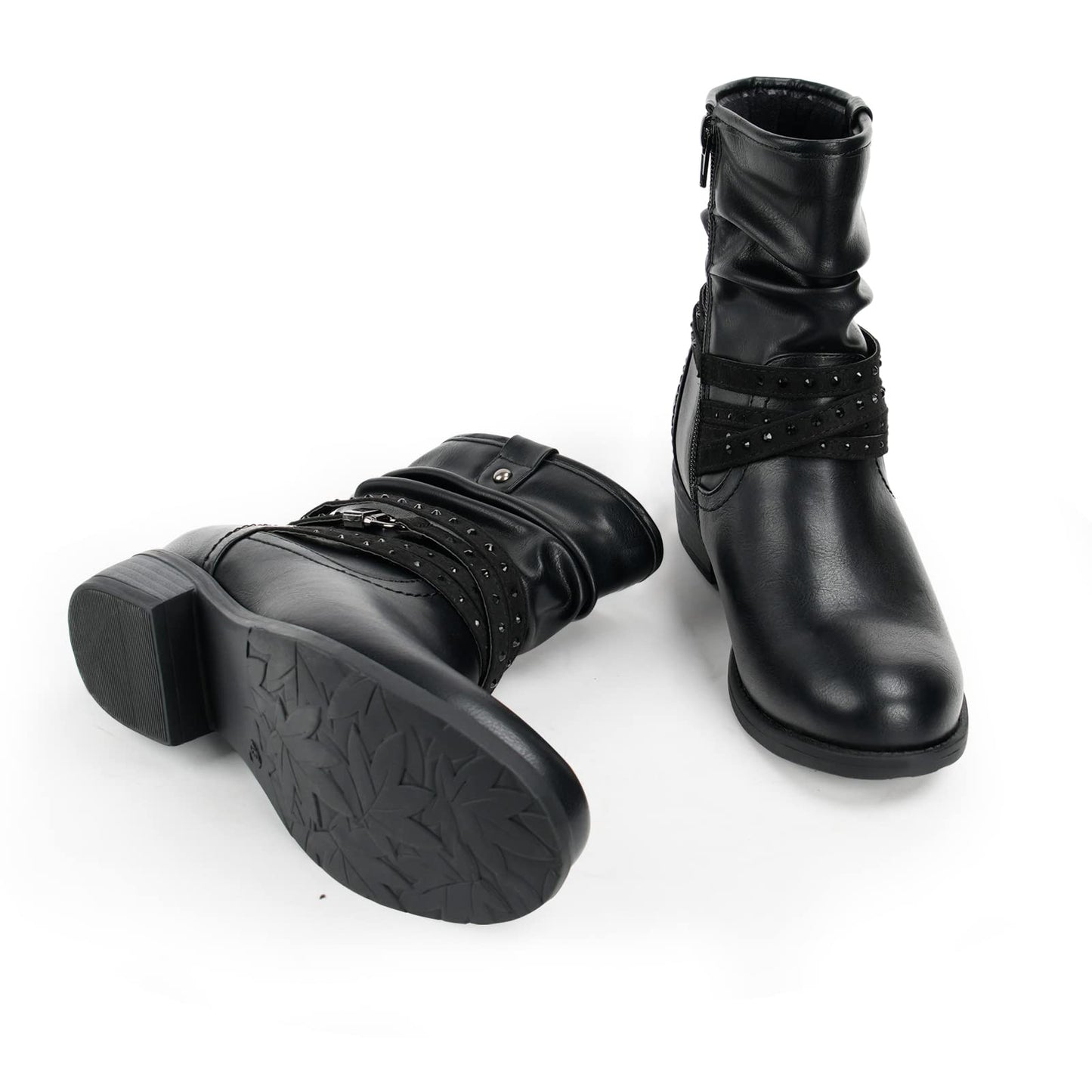 VJH confort Women's Mid Calf Boot,Round Toe Low Heel Comfort Slouchy Bootie with Side Zipper Buckle Strap