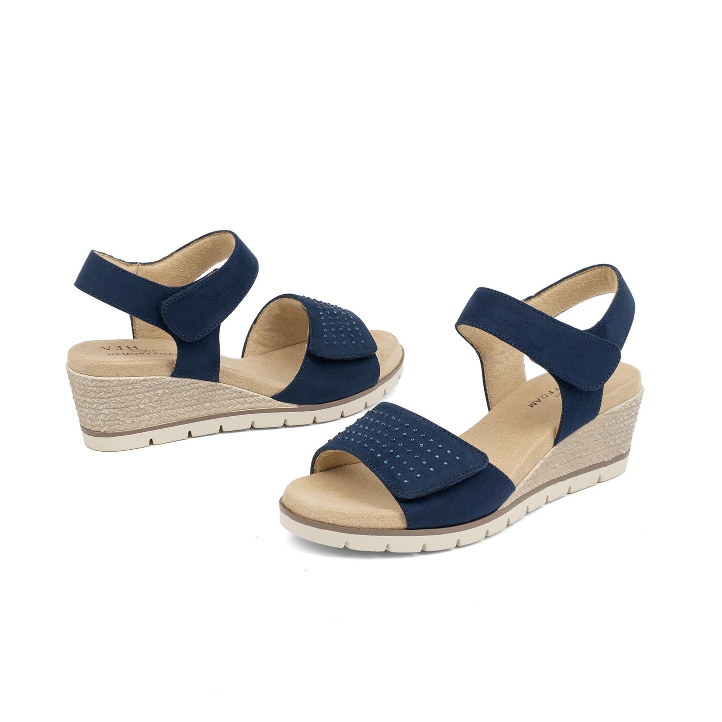 VJH confort Women's Wedge Sandals, Comfort Memory Foam Rhinestone Sandal with Adjustable straps
