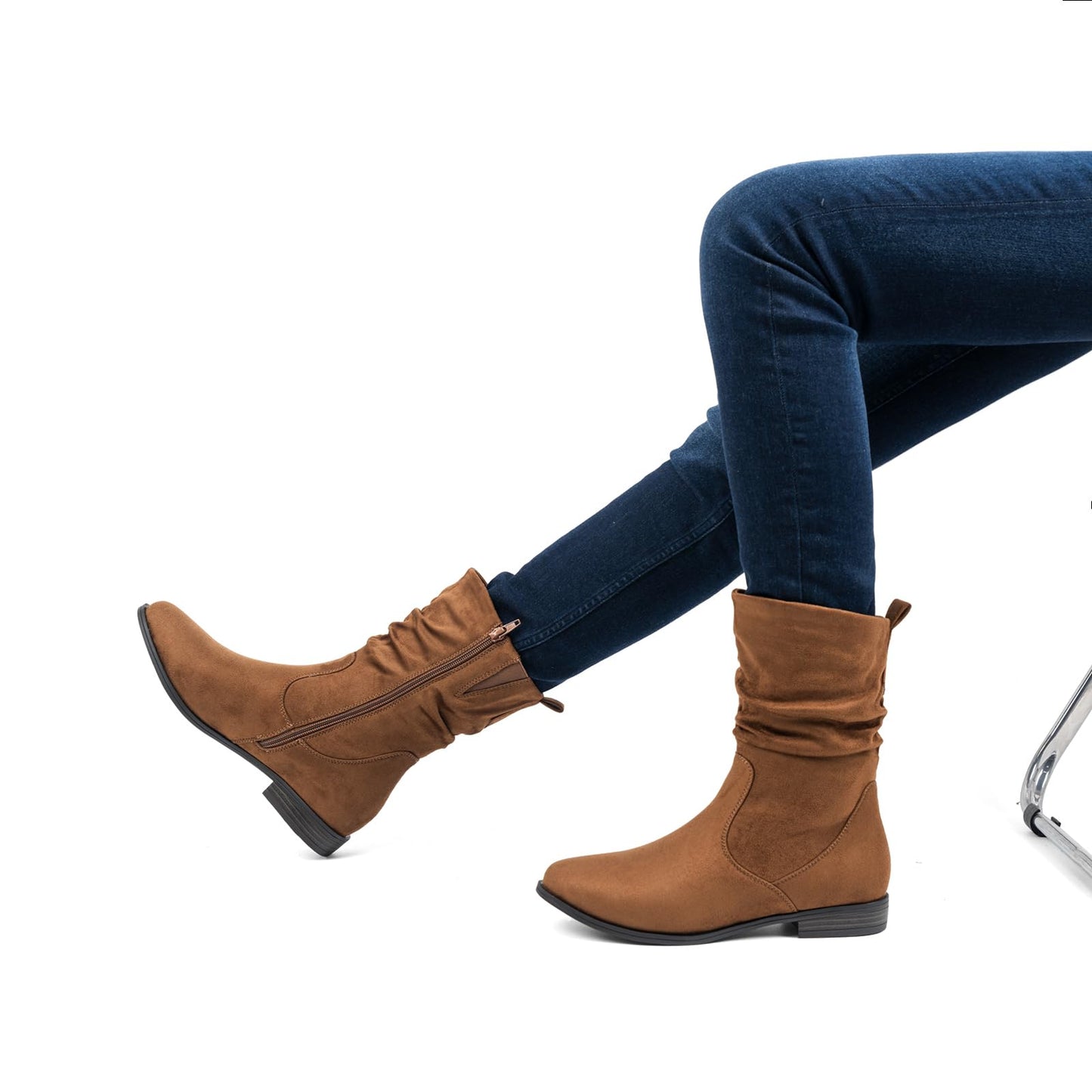 VJH confort Women's Mid Calf Boots, Almond Round Toe Low Heel Comfort Dress Slouchy Booties