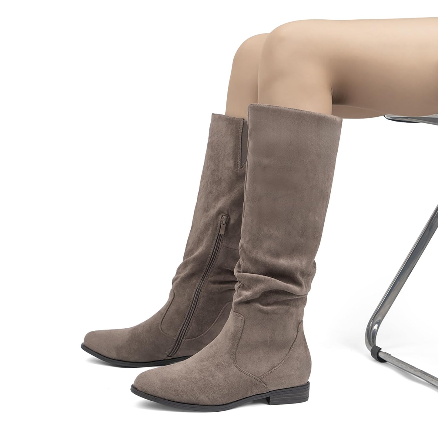 VJH confort Women's Knee-High Boots Comfortable Low Heel Almond Toe Wide Calf Side Zip Fall Winter Long Boots