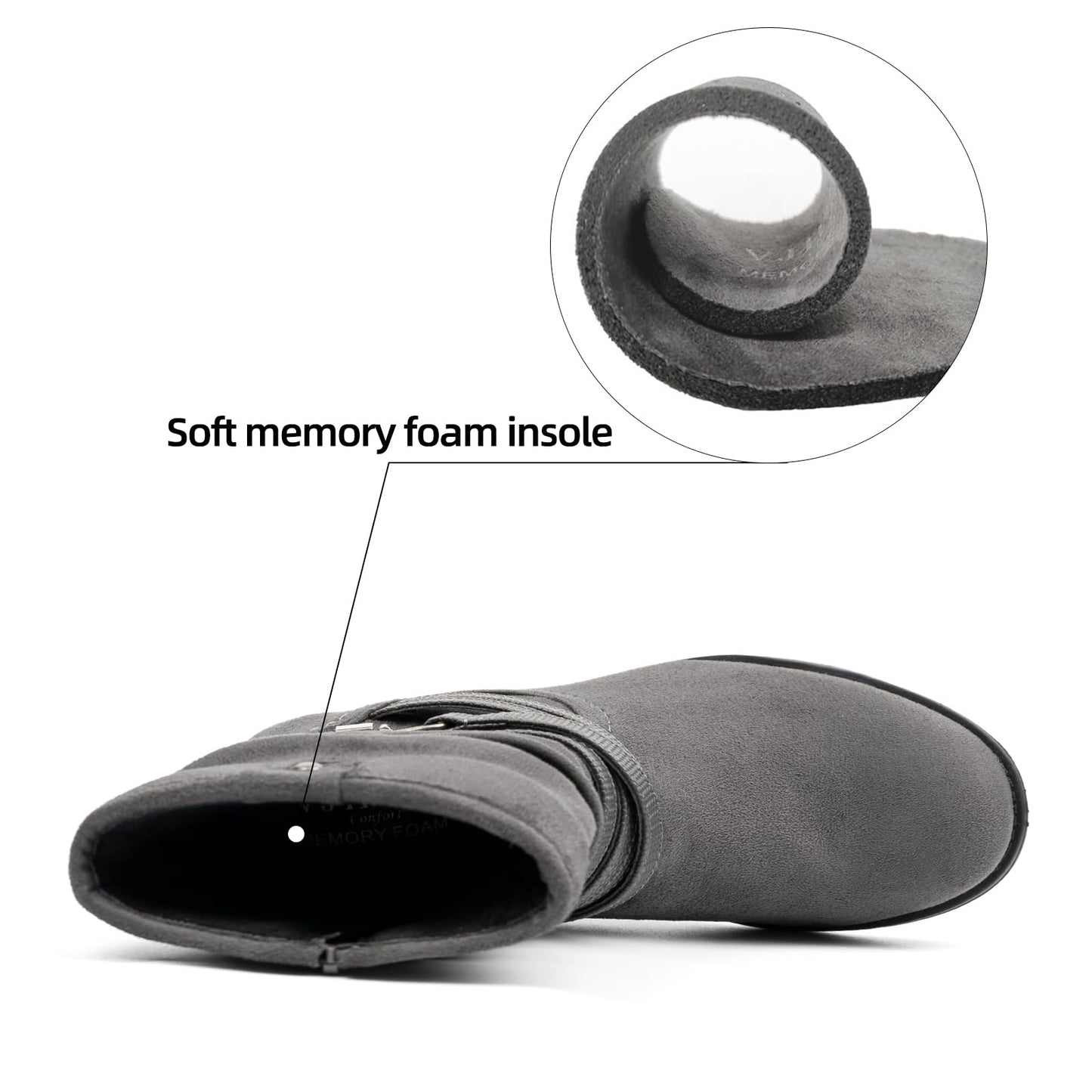 VJH confort Women's Mid Calf Boot,Round Toe Low Heel Comfort Slouchy Bootie with Side Zipper Buckle Strap