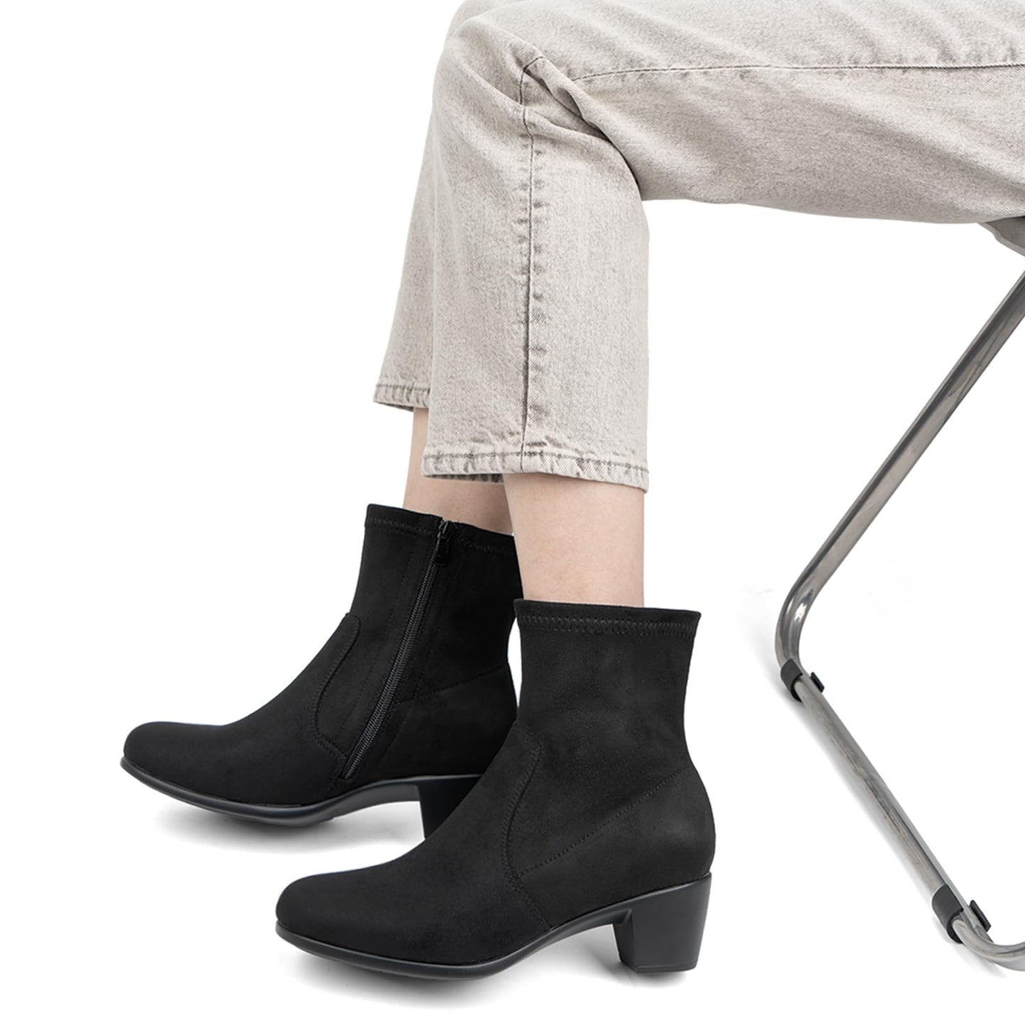 VJH confort Women's Stretch Ankle Boots Block Low Heel Almond Toe Comfy Dress Slip-on Booties with Zipper