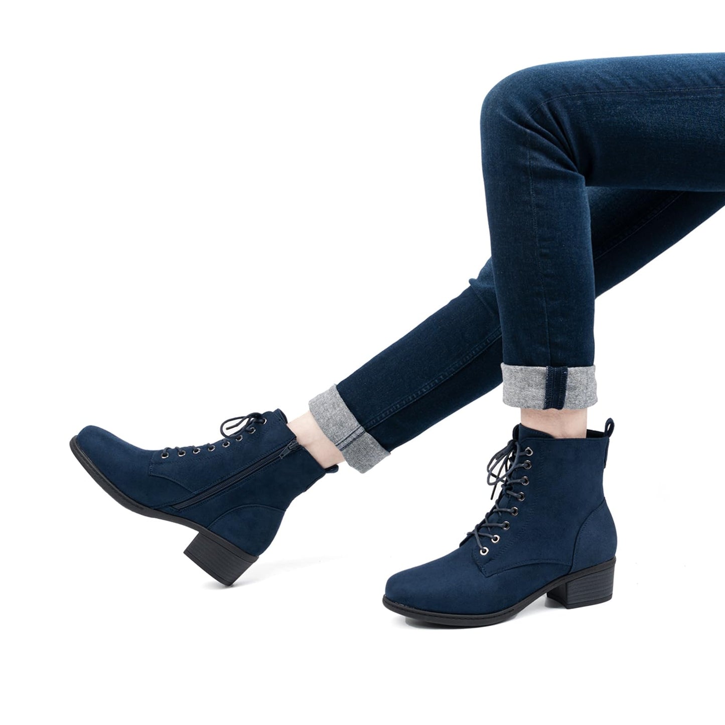 VJH confort Women's Fashion Ankle Boots Low Heels Chunky Lace-up Combat Bootie with Side Zipper