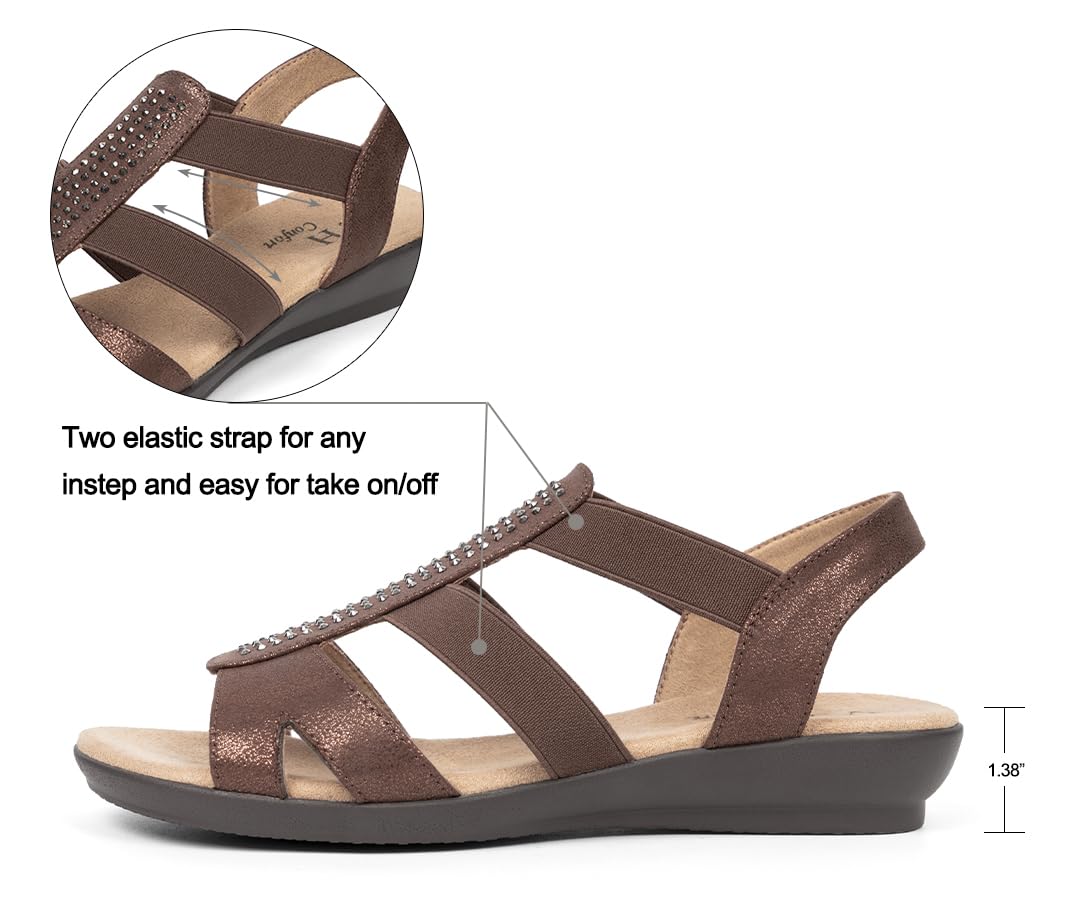 VJH confort Women's Comfort Flat Sandals Summer,with Rhinestone Open Toe Elastic Slip On Slingback Casual Walking Low Heele Sandals
