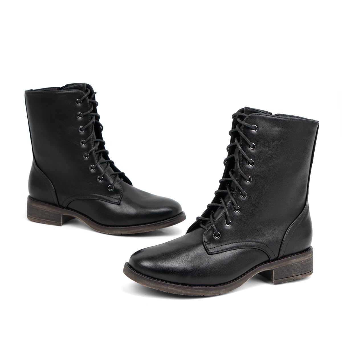 VJH confort Women's Mid Calf Boots Lace-up Military Combat Low Heel Booties with Zipper