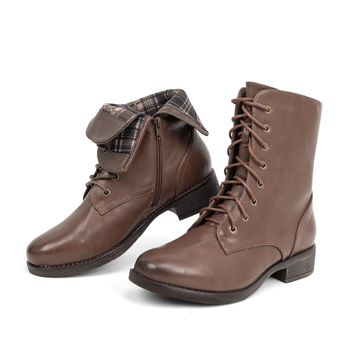 VJH confort Women's Mid Calf Boots Lace-up Military Combat Low Heel Booties with Zipper