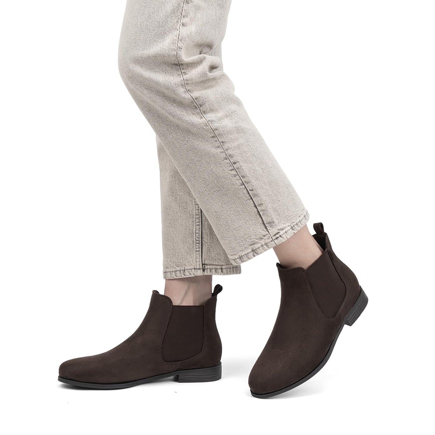 VJH confort Women's Slip on Ankle Boot, Western Almond Round Toe Low Heel Elastic Chelsea Bootie