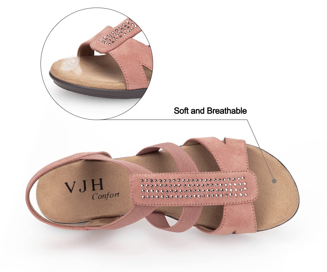 VJH confort Women's Comfort Flat Sandals Summer,with Rhinestone Open Toe Elastic Slip On Slingback Casual Walking Low Heele Sandals