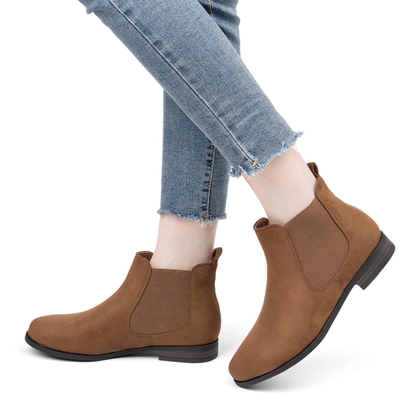 VJH confort Women's Slip on Ankle Boot, Western Almond Round Toe Low Heel Elastic Chelsea Bootie