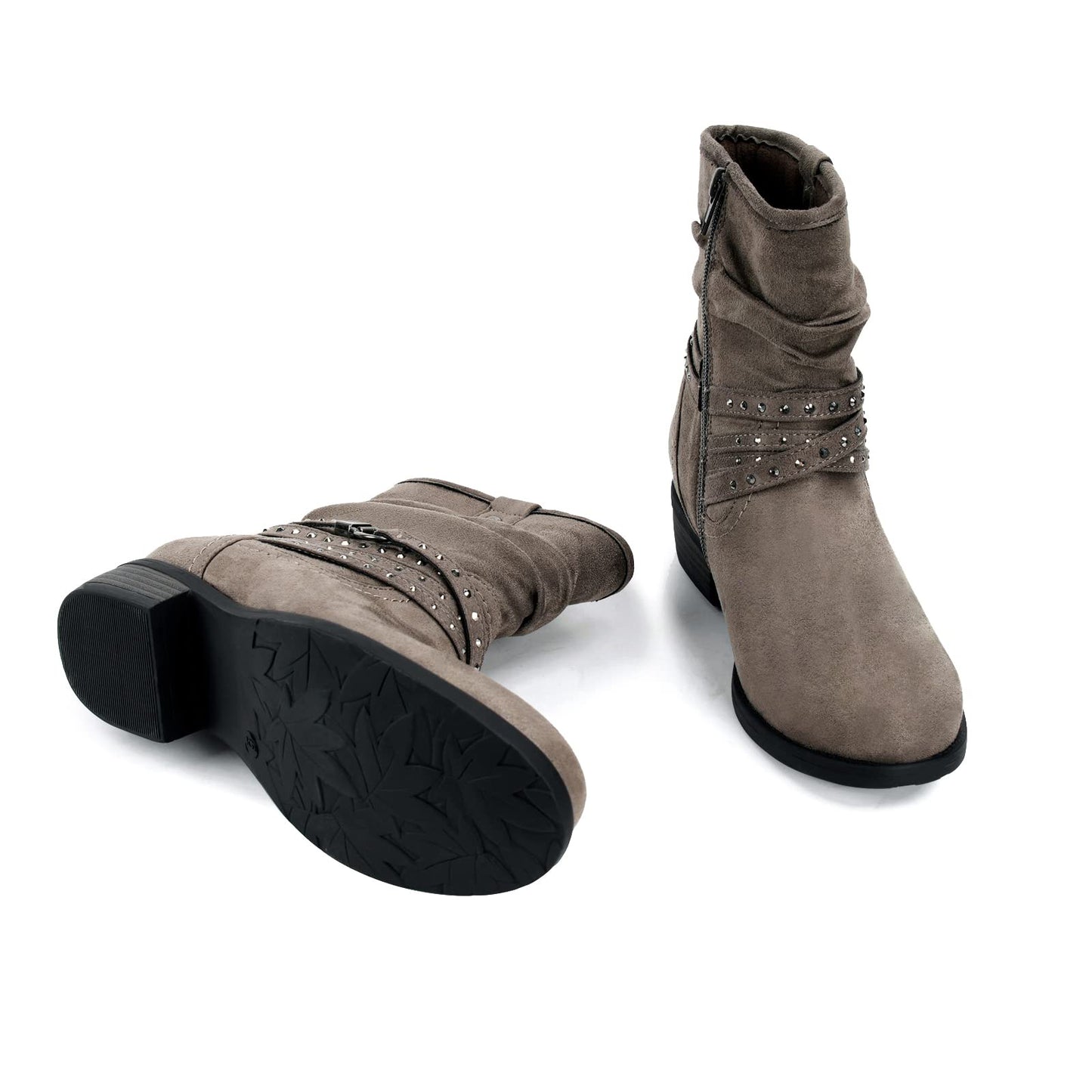 VJH confort Women's Mid Calf Boot,Round Toe Low Heel Comfort Slouchy Bootie with Side Zipper Buckle Strap