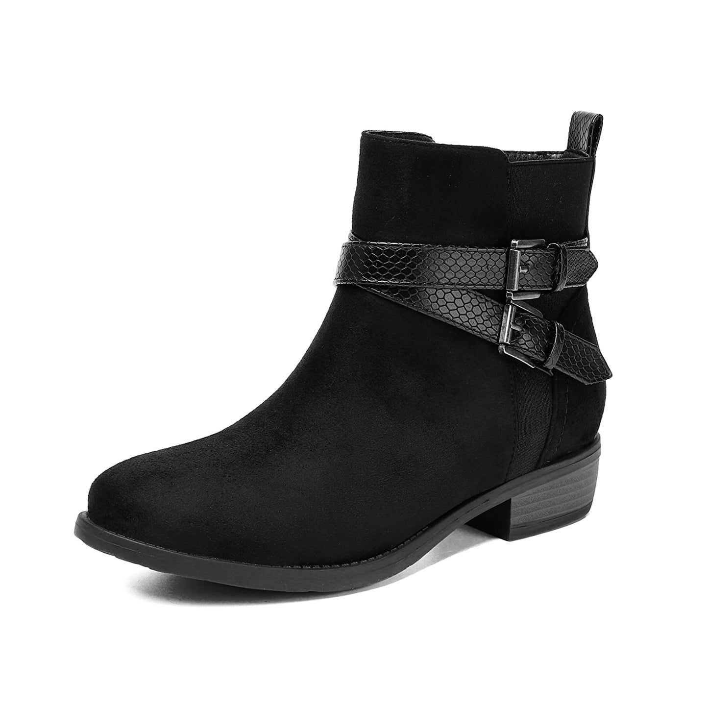 VJH confort Women's Ankle Boots,Round Toe Low Heel Comfort Elastic Booties with Side Zipper Buckle Strap