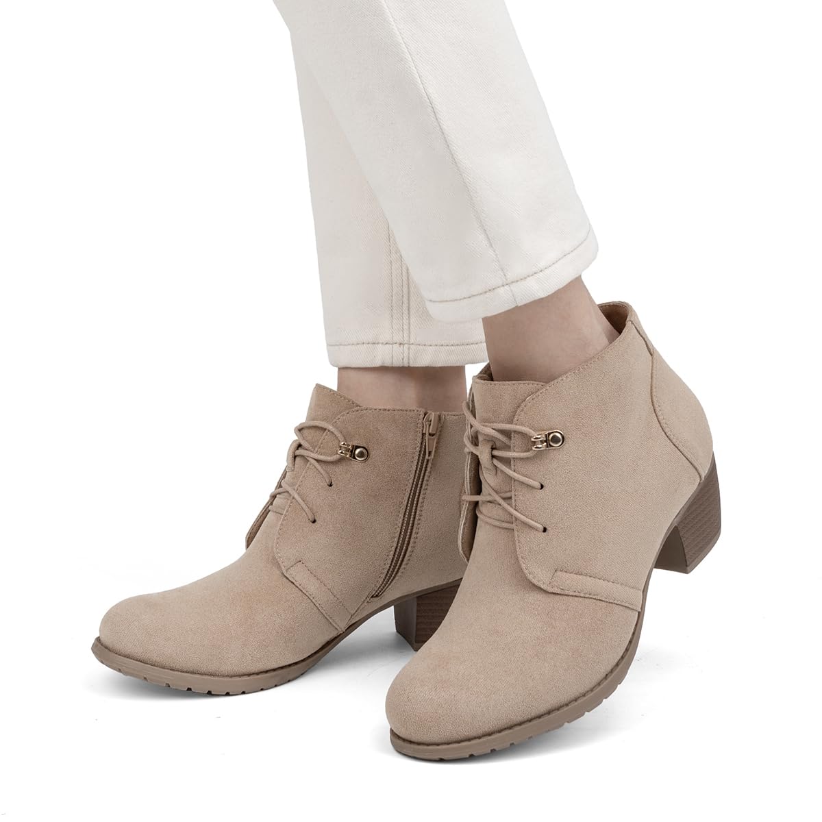 VJH confort Women's Ankle Boots,Lace-up Round Toe Comfortable Low Heel Dress Booties with Side Zipper